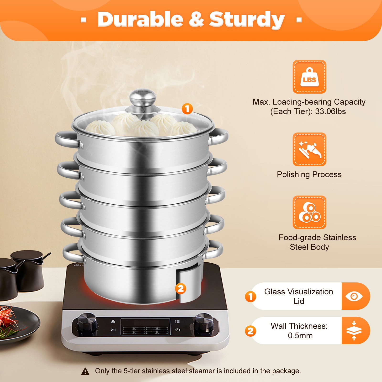 5 Tier Stainless Steel Steamer Cooker Steam Pot Kitchen Food Cooking + Glass lid