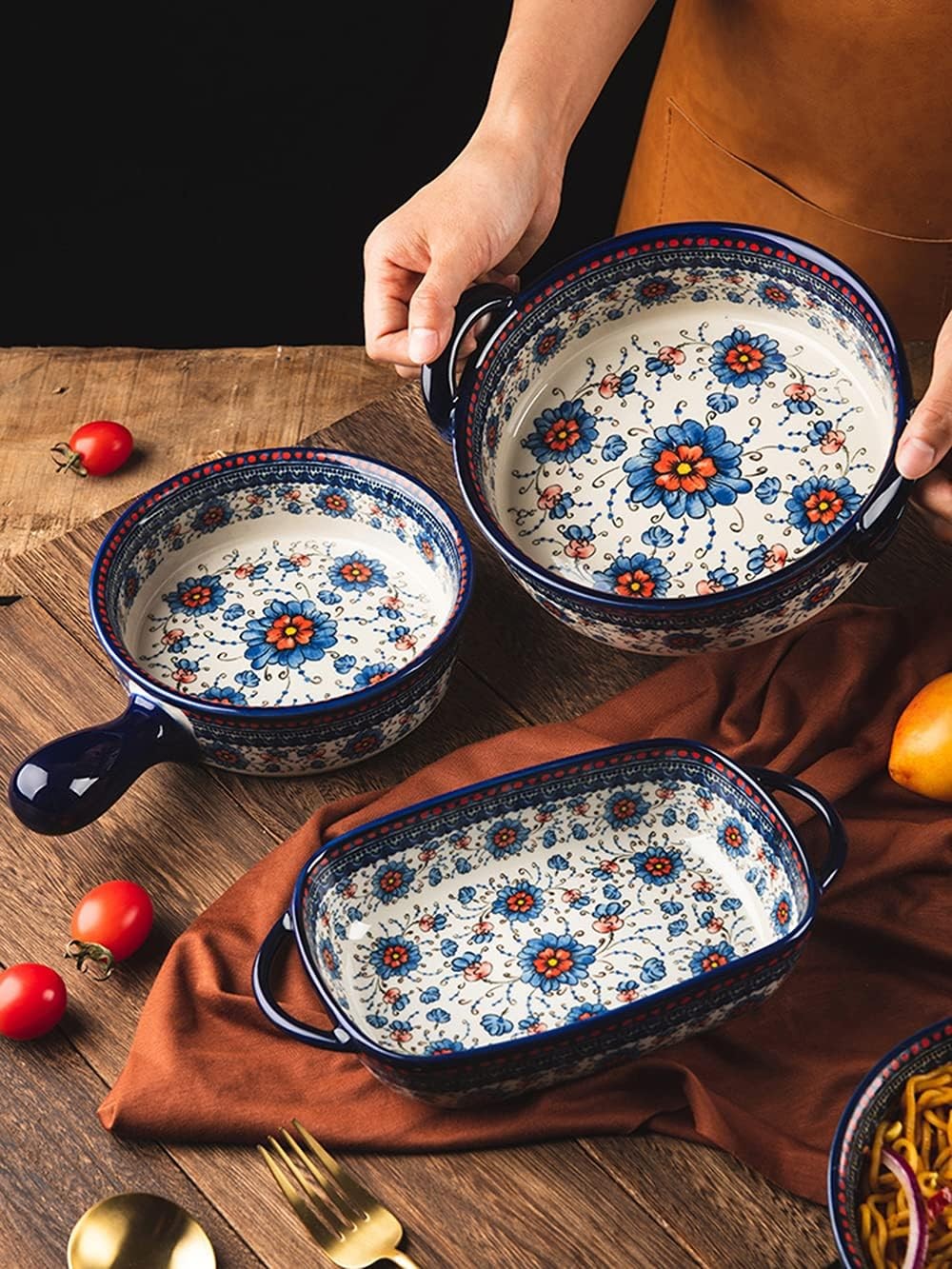 Blue and Orange Flower Vintage Style Ceramic Bakeware 20 OZ, BlueOrangeFlower