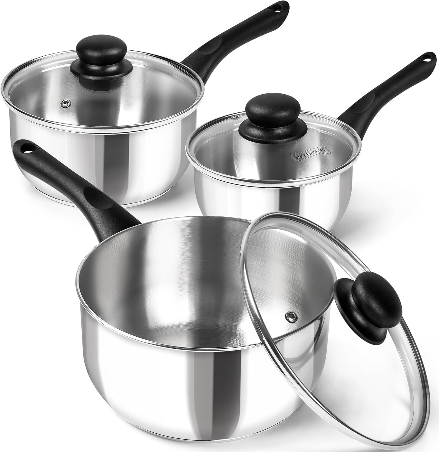 Stainless Steel Saucepan Set, 1 QT & 2 QT & 3 QT Saucepans with Glass Lids…