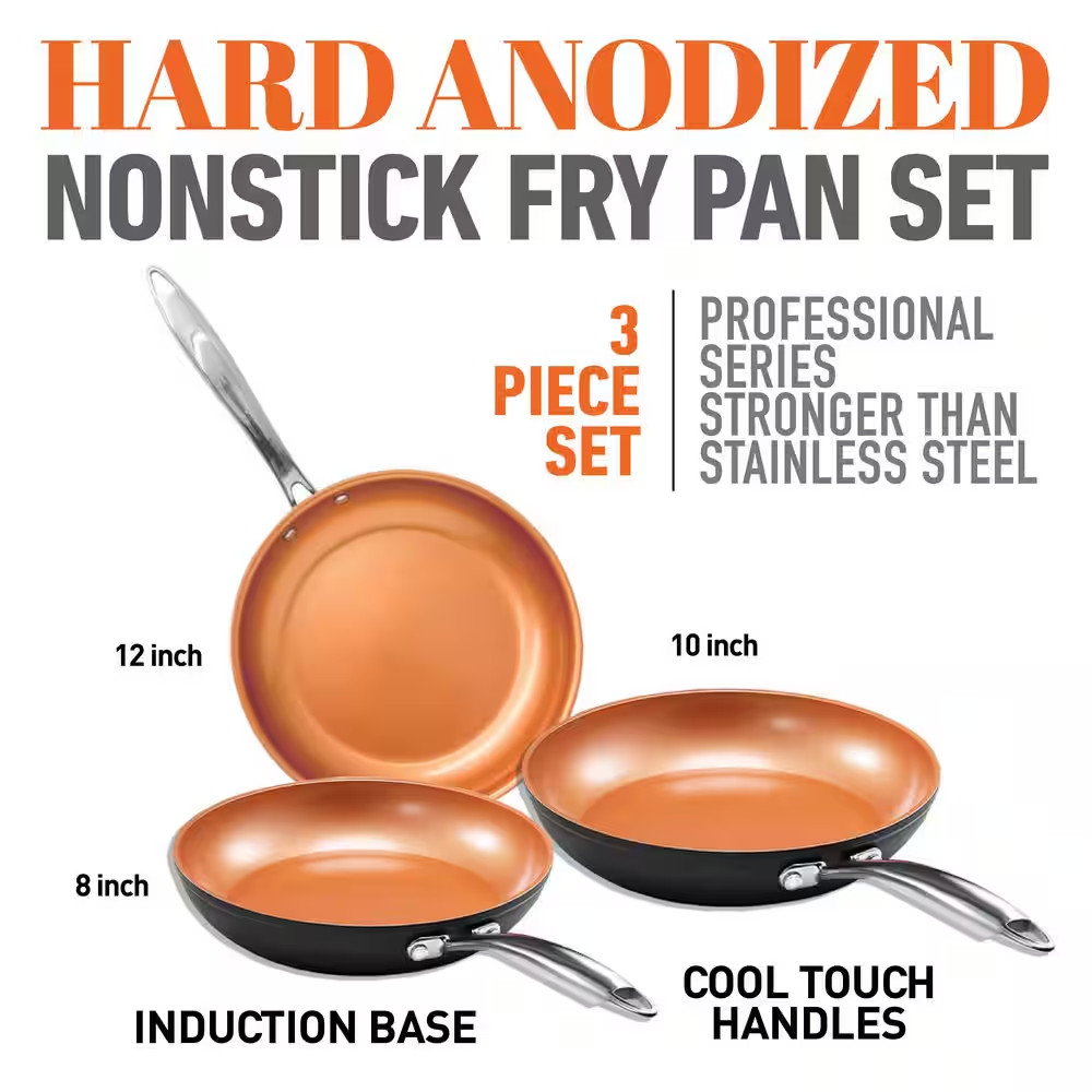 Gotham Steel Nonstick Frying Pan 3-Pcs Aluminum Hard Anodized Set (8,10,12 in.)