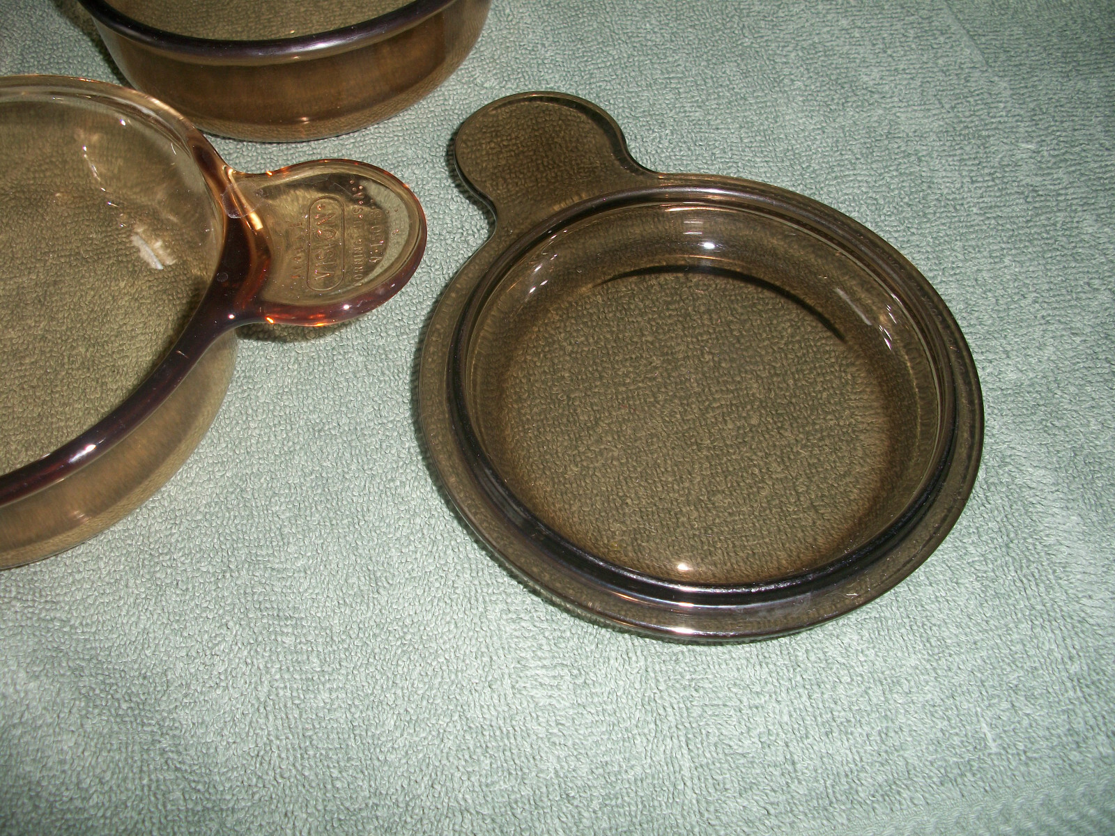 CORNING WARE PYREX VISIONS AMBER BROWN 3 GLASS P150B GRAB IT BOWLS & 1 LID P150C
