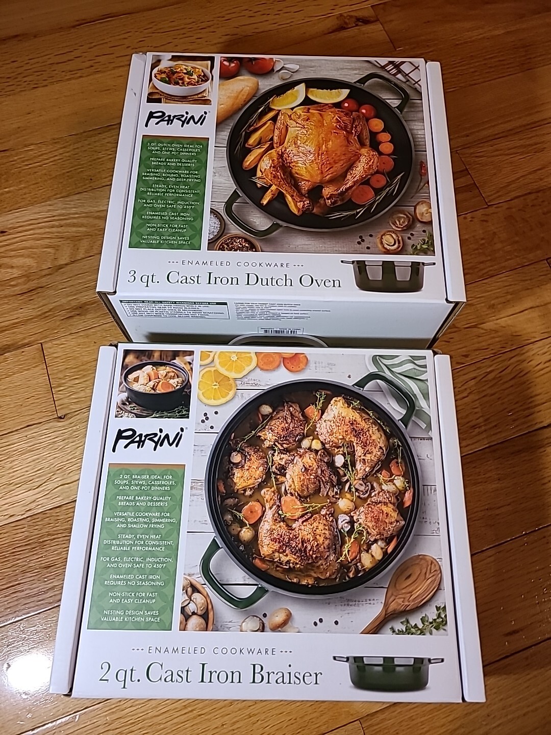 Parini 2 qt Cast Iron Braiser and 3 qt Cast Iron Dutch Oven New Sealed (No Lid)