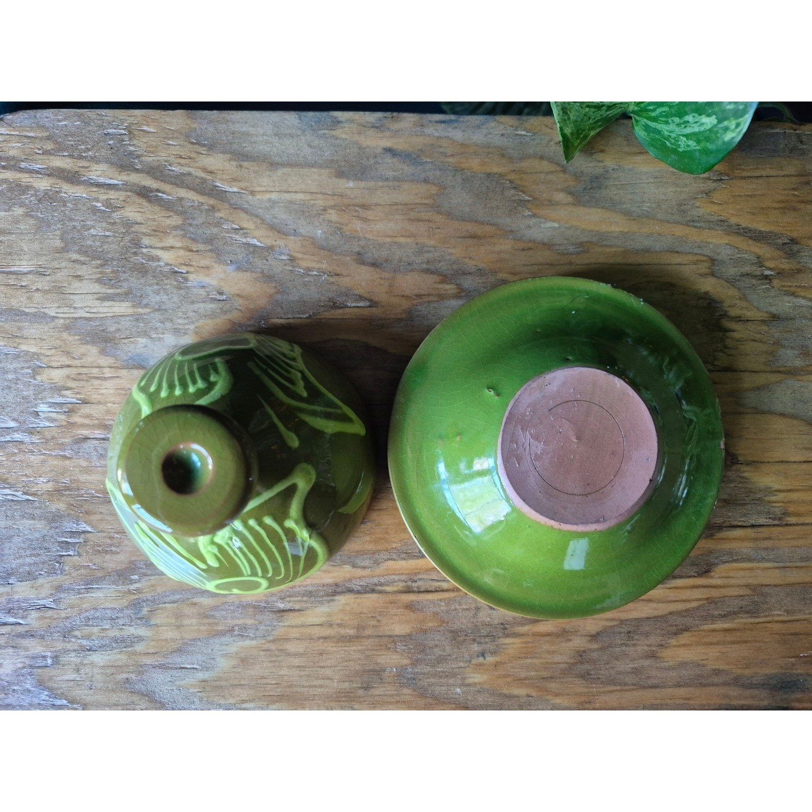 Vintage Studio Pottery Bird Butter Dish Avocado Green Crackle MCM Tagine