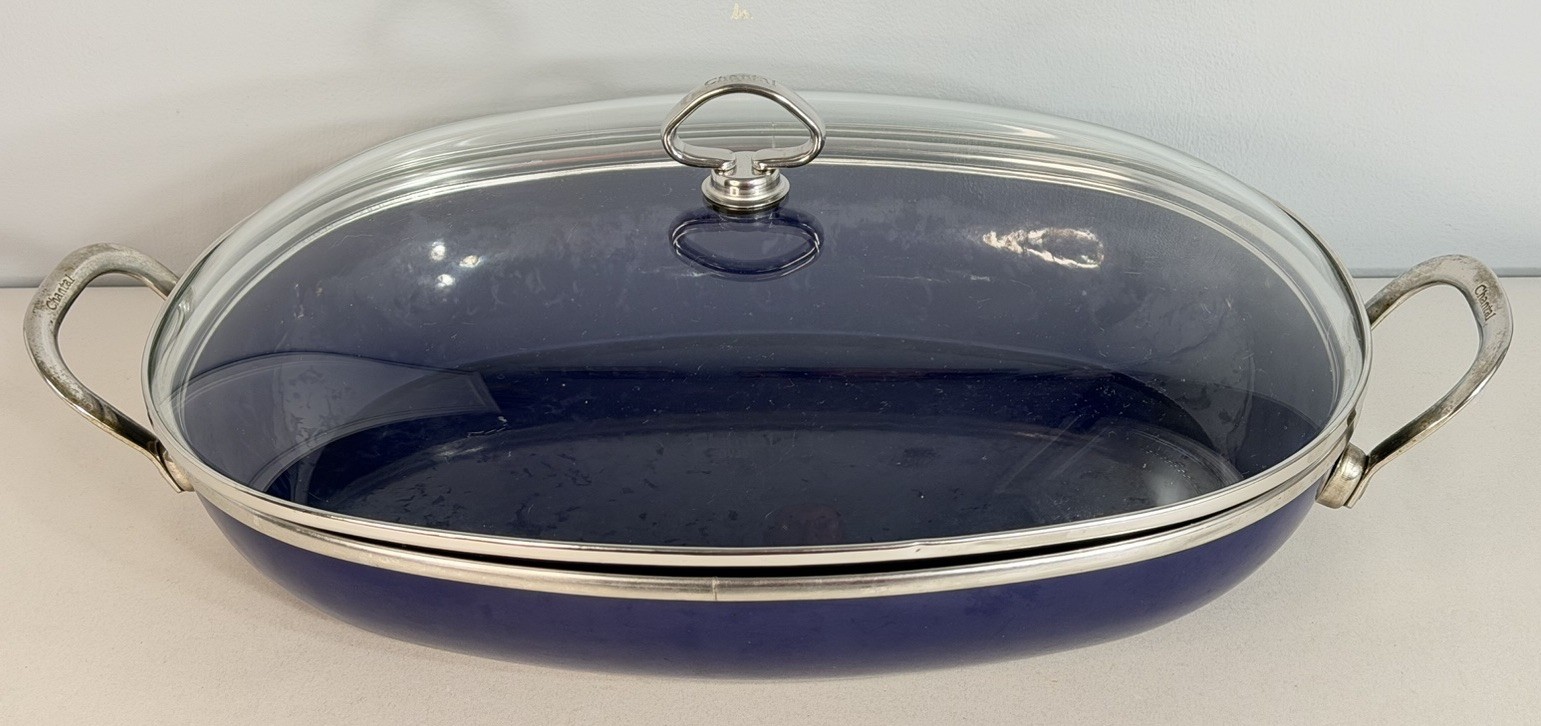 Chantal Cookware Large 15″ X 10.5″ Blue Enamel Steel Stovetop Pan w/ Glass Lid
