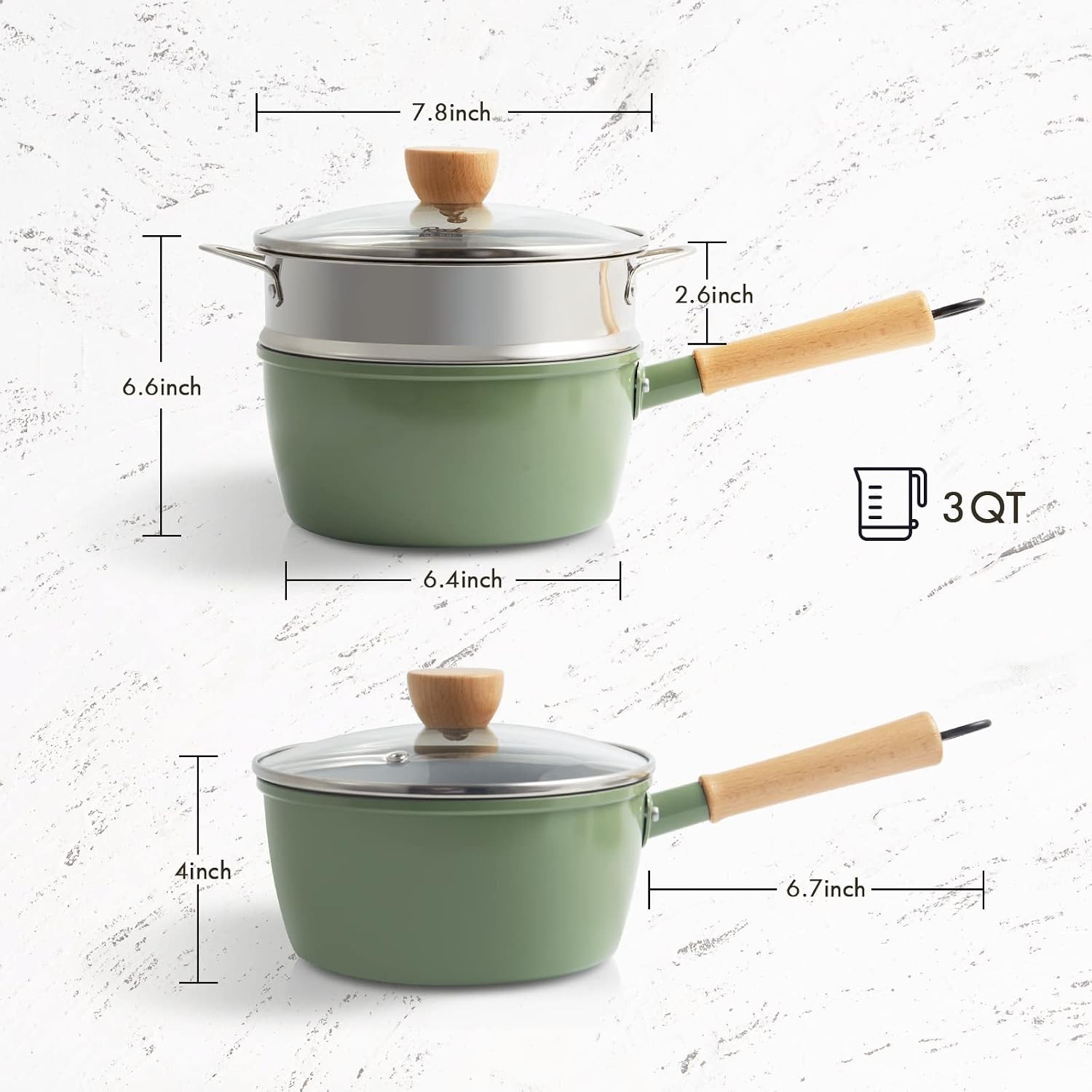 Ceramic Nonstick Sauce Pan 3 QT Pot W/ Steamer Non Toxic & PFAS-Free Wooden
