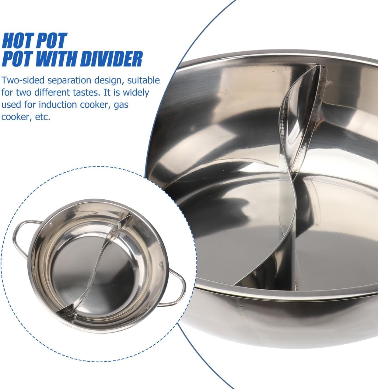 Stainless Steel Split Hot Pot with Lid 12.6 Inch Dual Section Induction Cooker