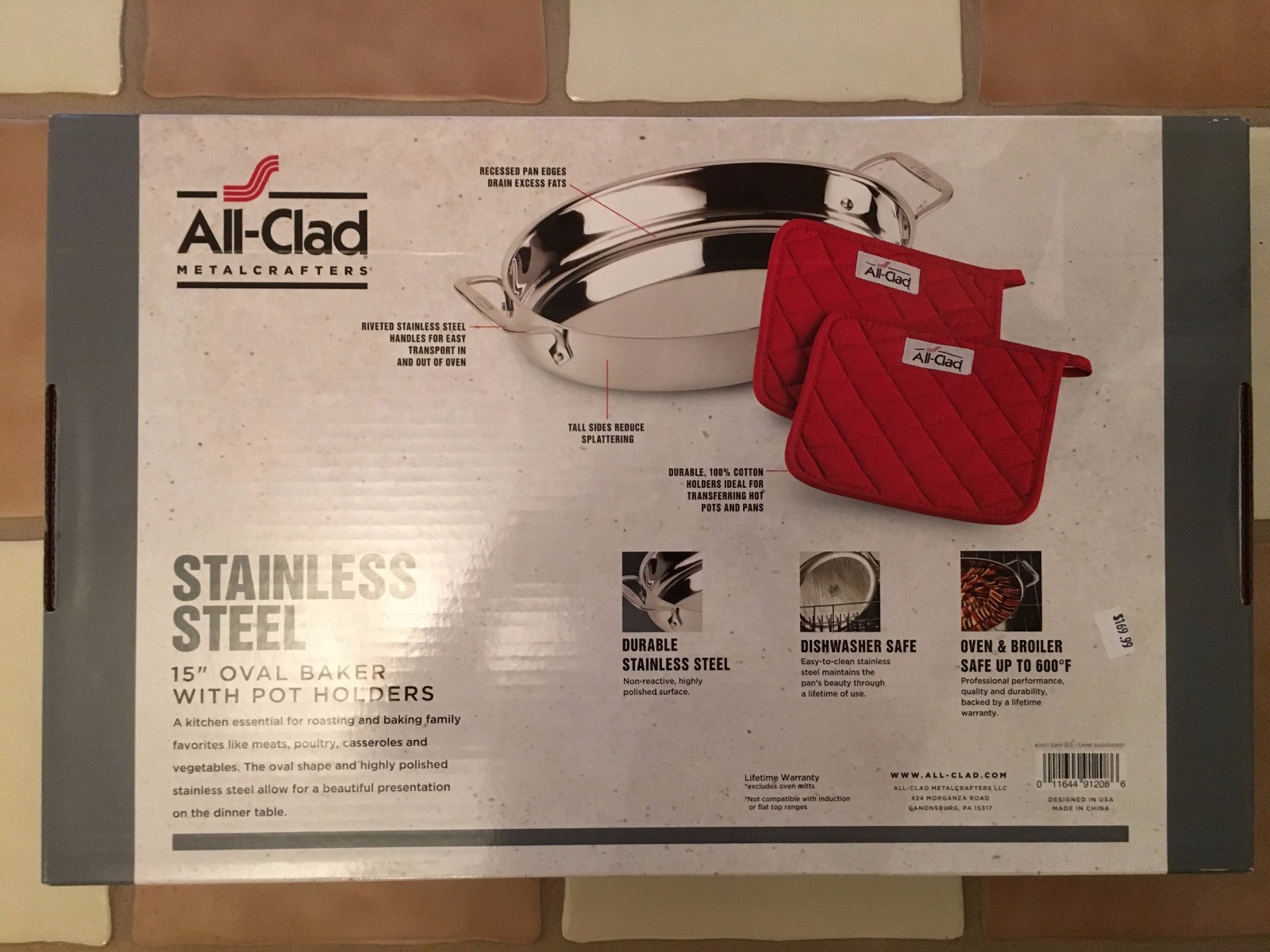 ALL CLAD STAINLESS STEEL 15″ OVAL ROASTER with 2 POT HOLDERS 8400001601 NEW