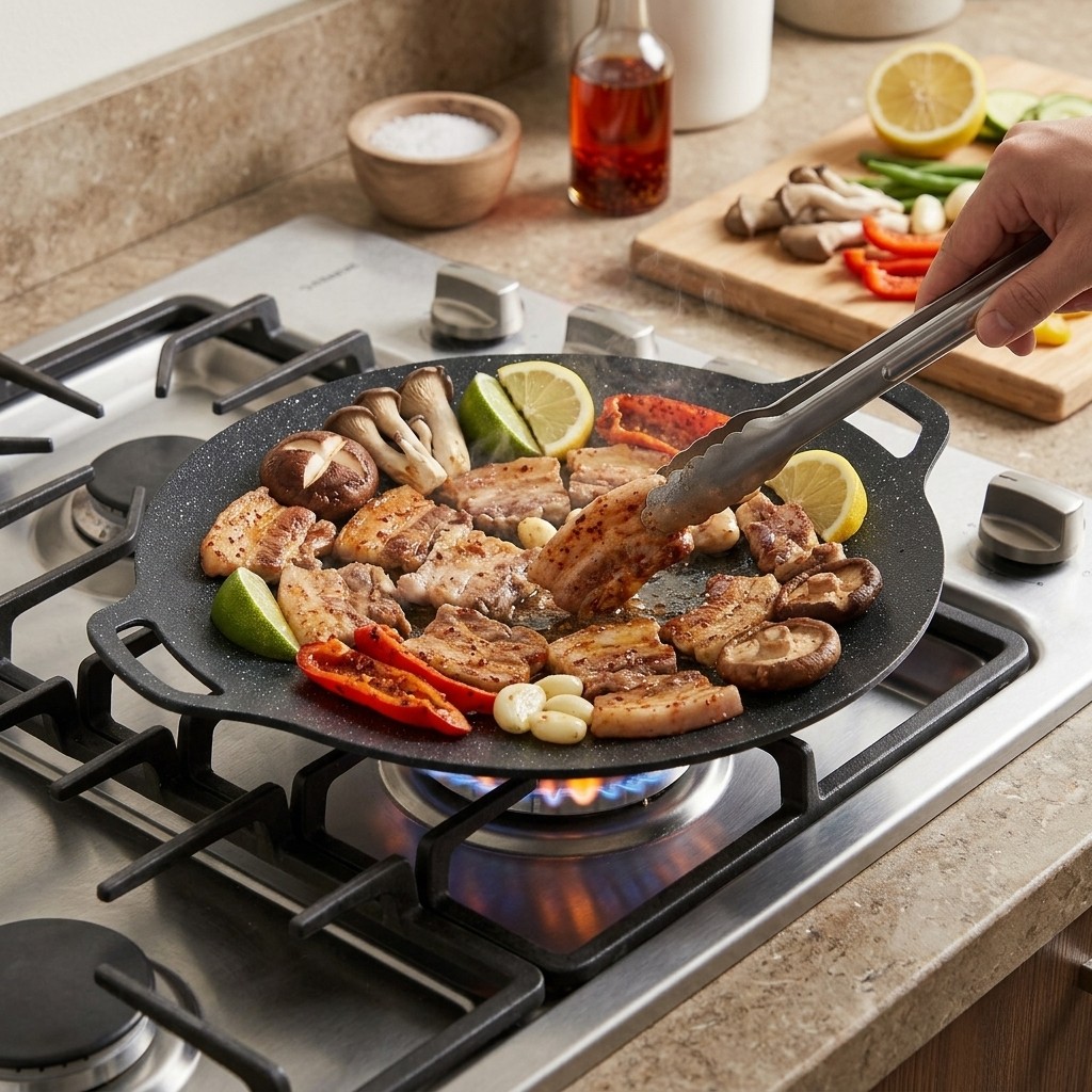Korean Cast Iron Grill Pan Non-Stick BBQ Griddle for Induction & Gas Stove