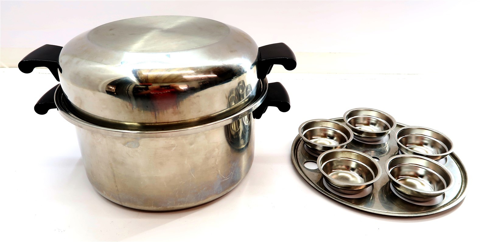 AMWAY QUEEN 5 Qt Stock Pot with Dome Lid & Egg Poacher Insert Stainless Vintage