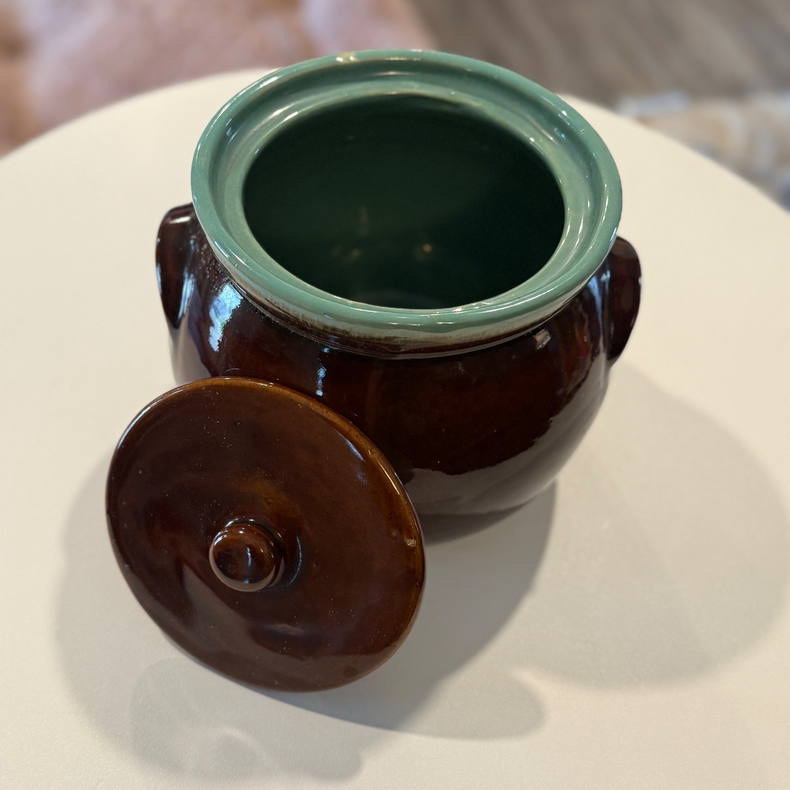Vintage Ceramic Crock Bean Pot Jar Brown Turquoise Lid Hull Pottery ****Lid****