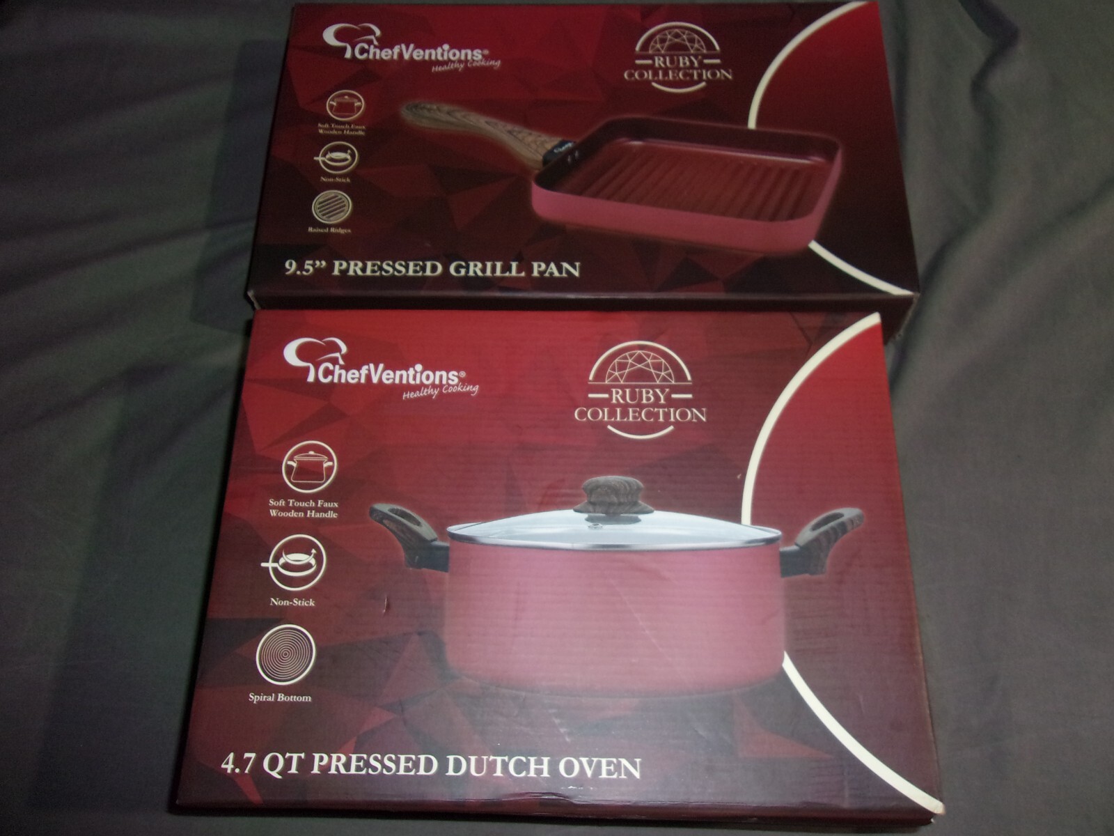 Chef Ventions 9.5 IN Pressed Grill Pan, 4.7 QT Dutch oven Ruby Collection Sealed