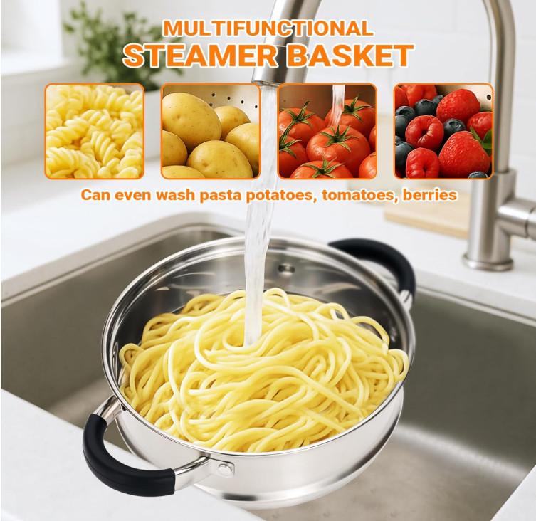 Olla Vaporera 3,2 QT Acero Inoxidable Fondo Triple para Cocinar al Vapor y Hervi