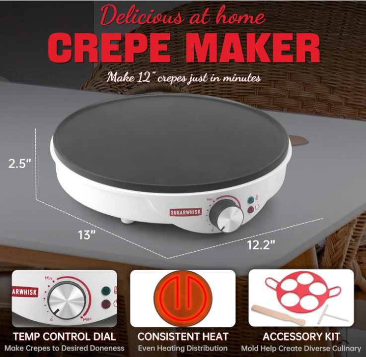 Crepera Eléctrica 12 con Moldes de Silicona, Espátula y Esparcidor Incl, Nuevo