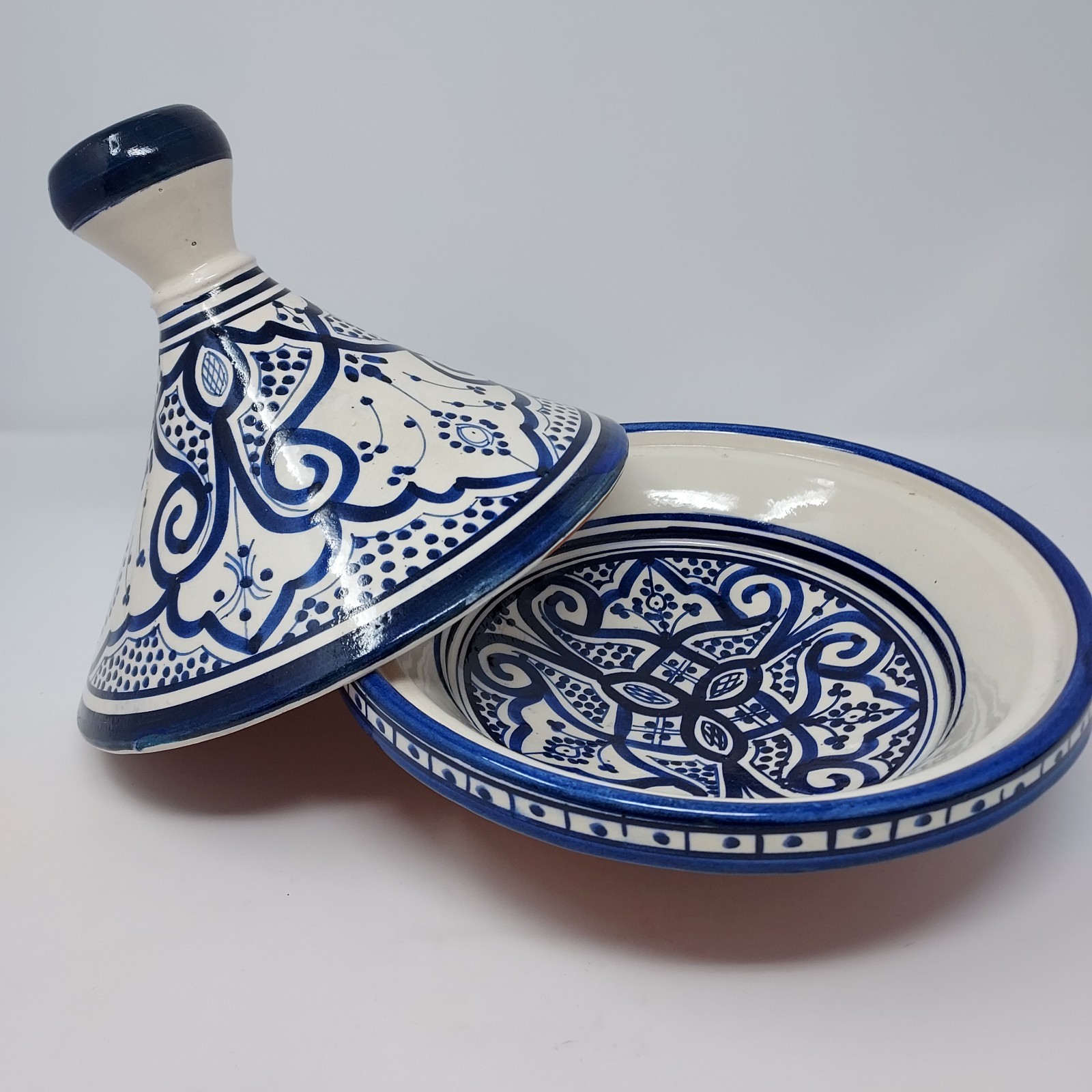 Moroccan Tagine Tagine Hand Painted Blue White Ceramic Serving Only Signed 10″