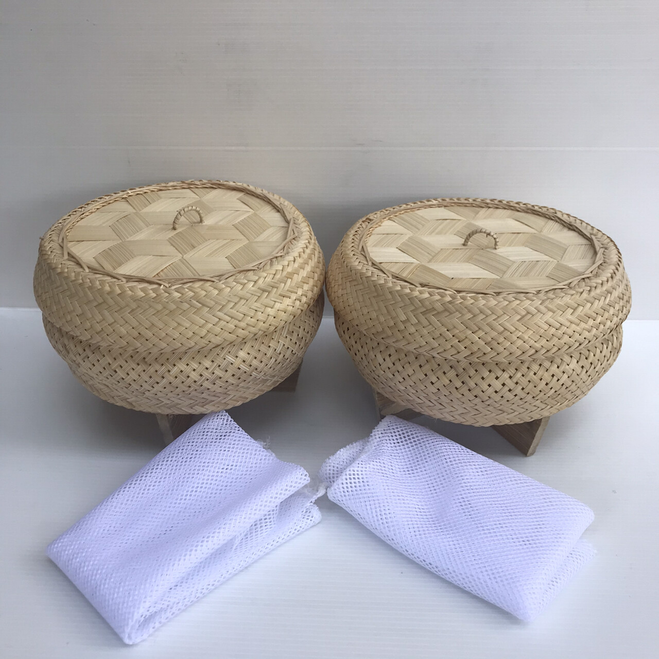 Vintage Thai Handicraft Cooker Bamboo Basket&Lid Steamer Sticky Rice Dim Sum X 2