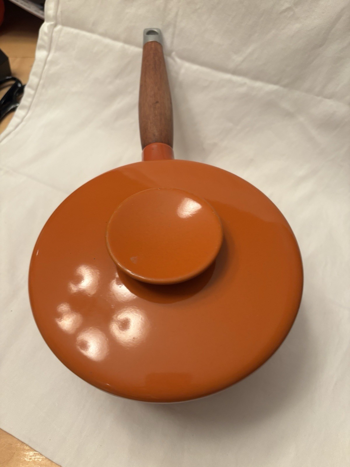 Copco Michael Lax Orange Enamel 1 Qt Saucepan w/ Lid Wood Handle Pour Spout