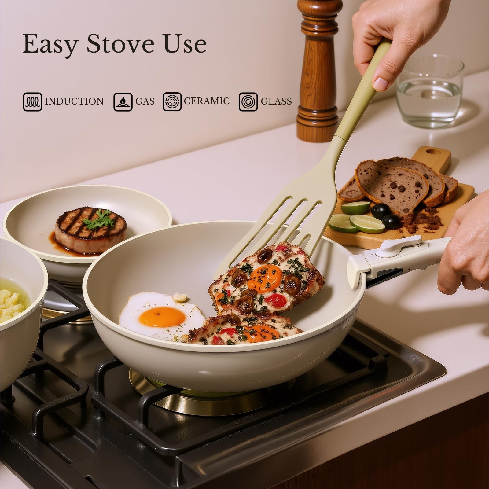 Pots and Pans Set Non Stick, Ceramic Cookware Set Detachable Handle, RV Campi…