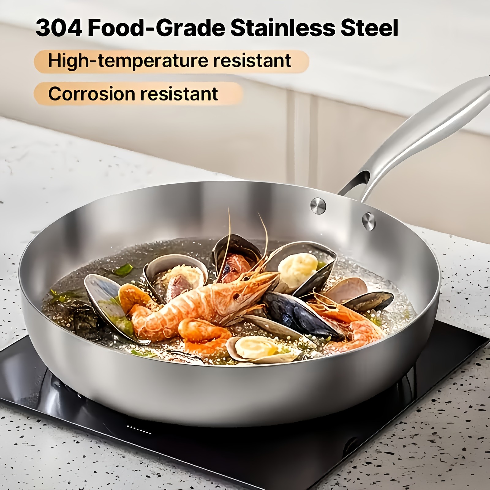 1/3pcs Triply Stainless Steel Frying Pan Set, 304 Flat Bottom Skillet