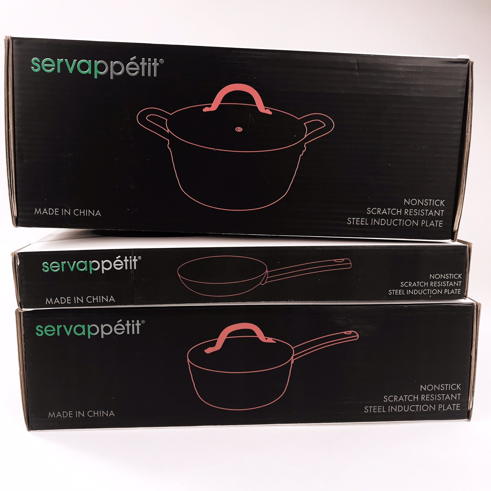 Servappetit Red Metallic 5 Qt. Stock Pot, 2 Qt Sauce Pan Glass Lids, 7in Fry Pan