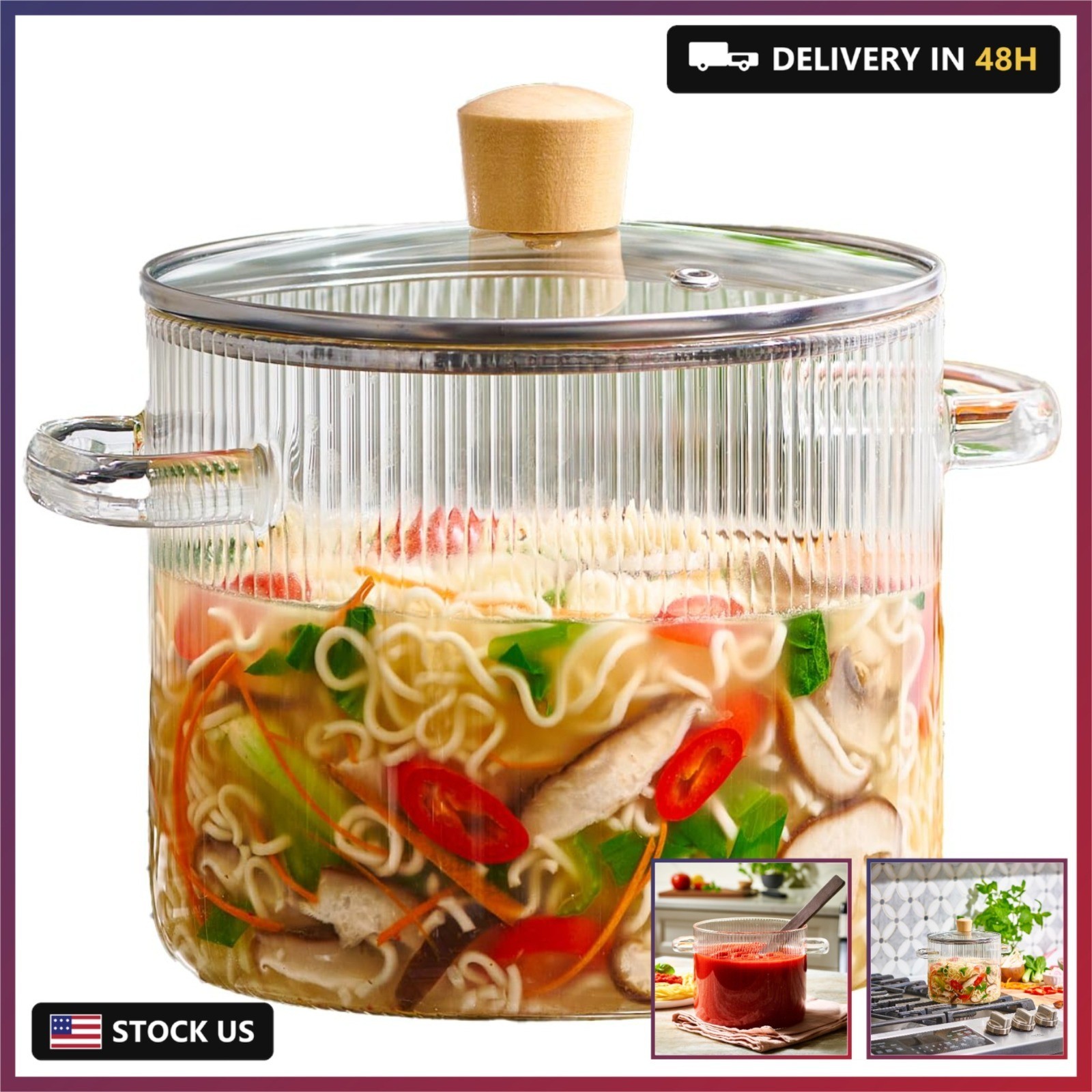 Le’raze Glass Cooking Pot with Lid – 2L(68oz) Heat Resistant Borosilicate Glass
