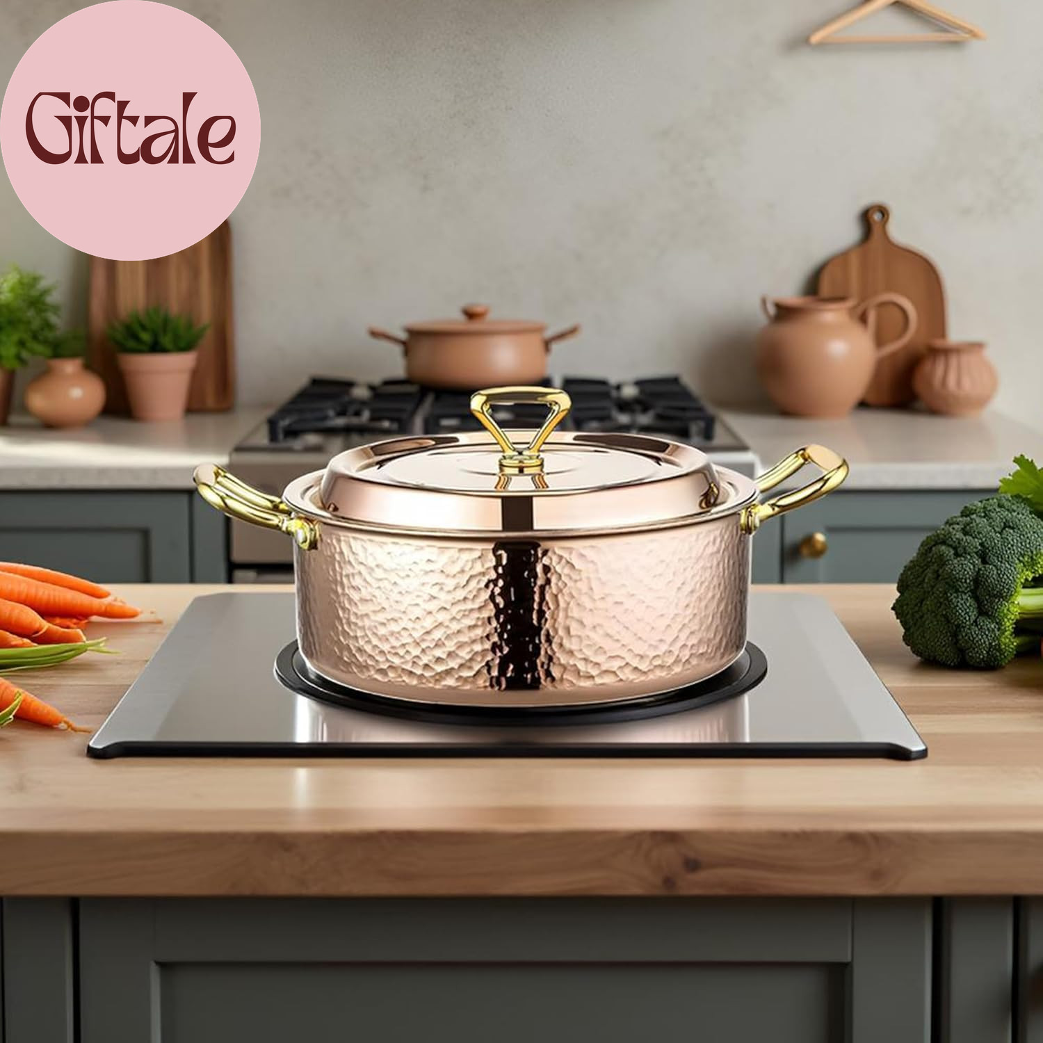 4.2QT Hammered Stock Pot with Lid, Copper Rose Gold, Tri-Ply Stainless Steel, Mu
