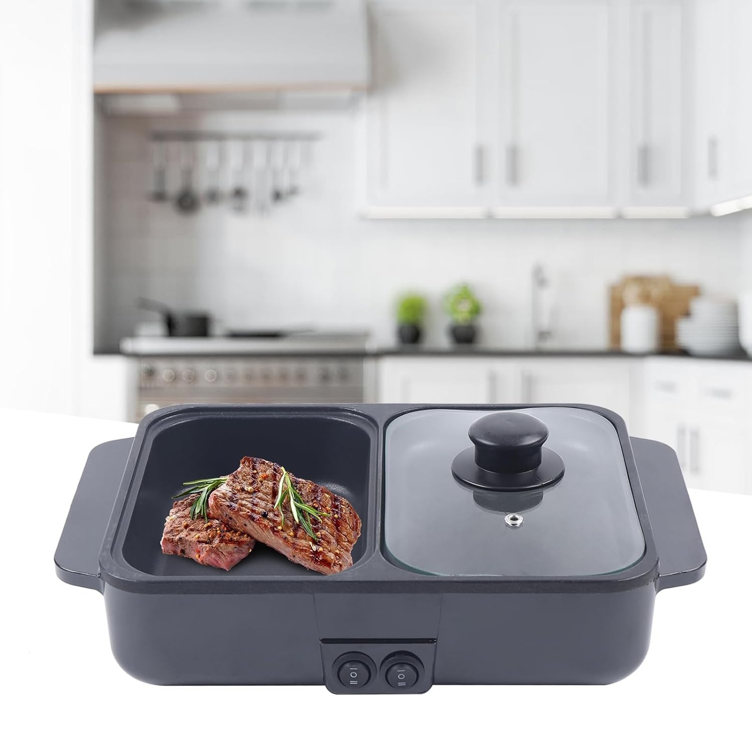 Portable Electric Hot Pot Grill Smokeless BBQ Non-Stick Shabu Cooking Pan 11in L