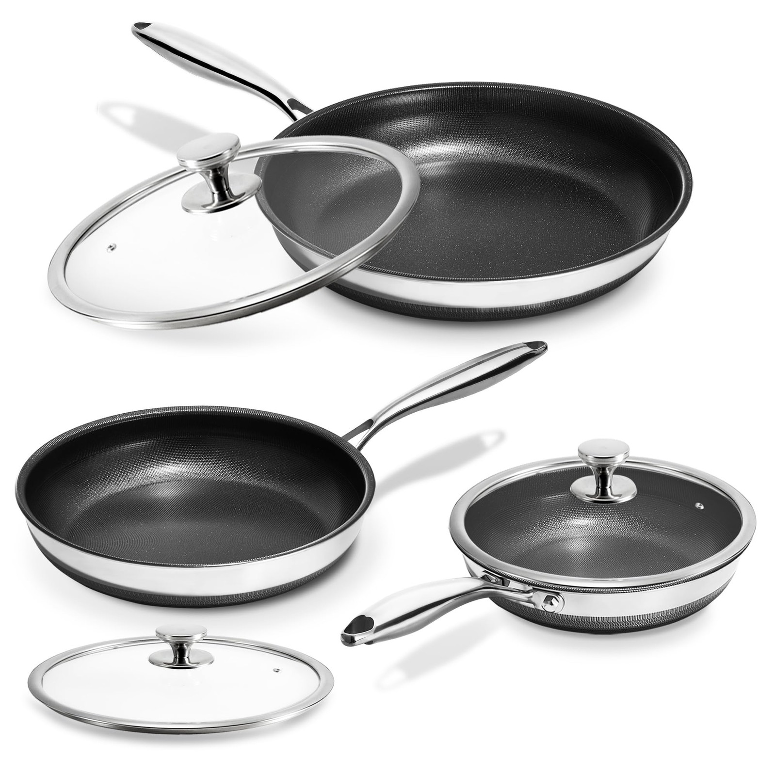 Titanium Ceramic Stainless Steel Nonstick Frying Pans Skillet Set W/Lid 8 10 12″