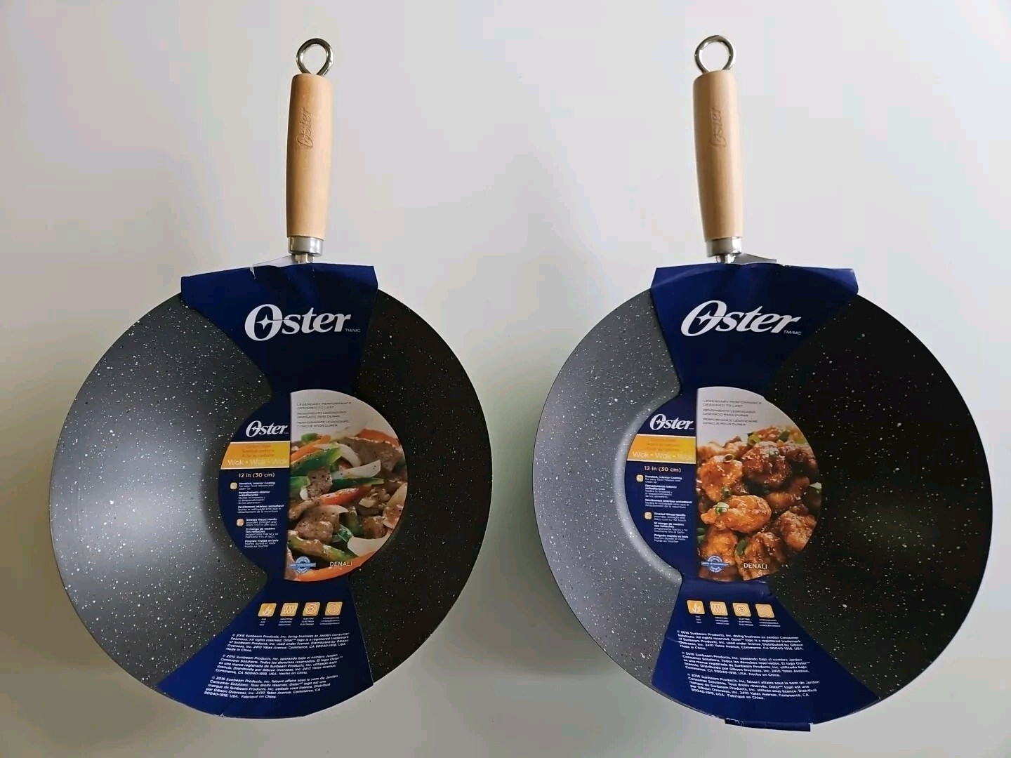 2, OSTER CARBON STEEL WOKS. 12 IN NON STICK SET OF 2. BLUE / GREEN FREE SHIPPING