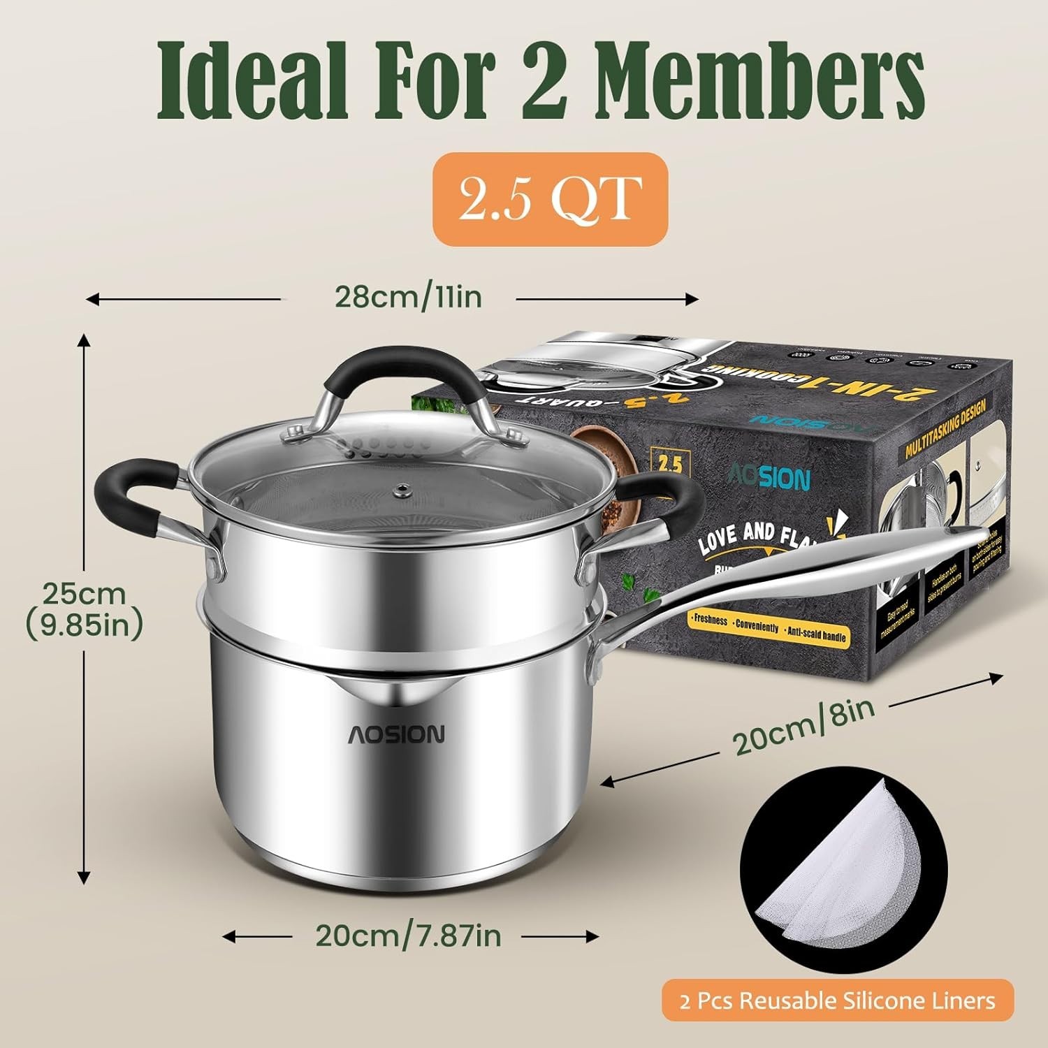 2.5 Quart Stainless Steel Saucepan with Steamer Basket,Small Pots for Cooking