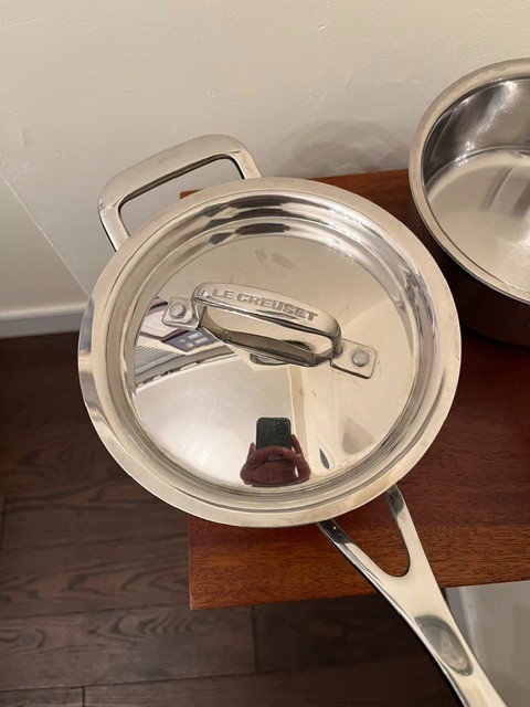 Le Creuset Stainless Steel Cookware 2 Handled Pots & 1 Lid 2 & 1.5 Qts. 3 Pieces
