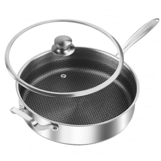 Frying Pans Nonstick wih Lid, Non Stick Tri-Ply Stainless Steel 13.5IN/8QT