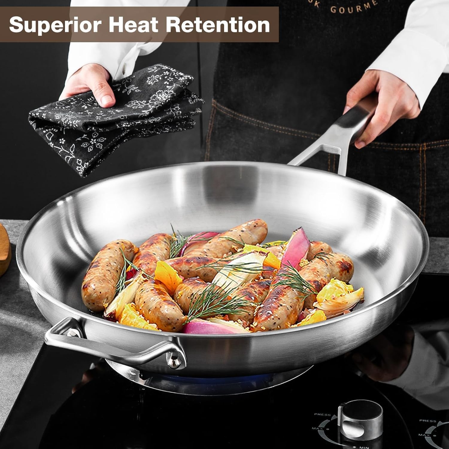 NEW 14in Stainless Steel Frying Pan Heavy Duty Oven Dishwasher Safe 650°