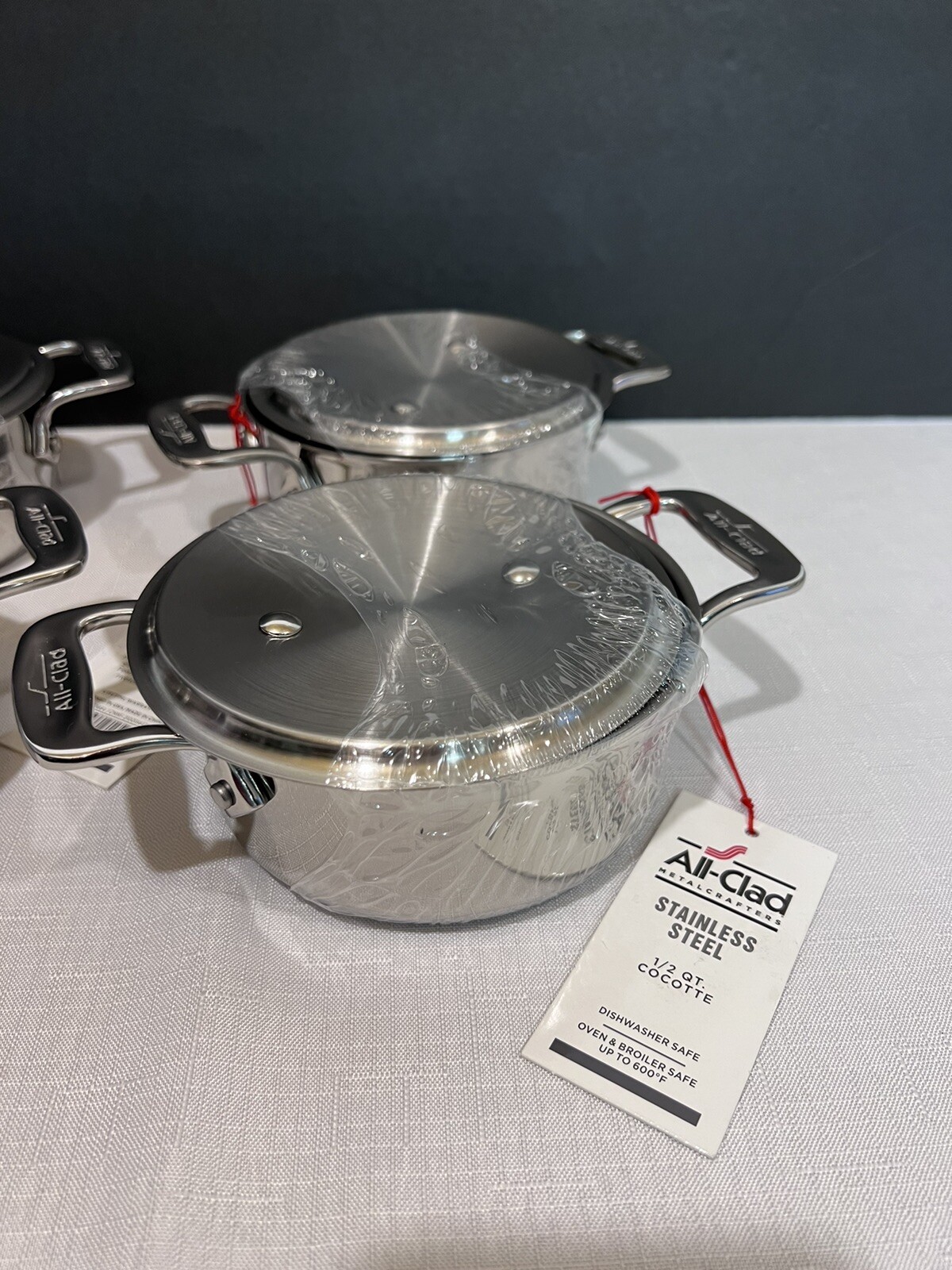 (4) All-Clad Stainless Steel Mini Cocotte 1/2 Qt Saucepan & Lid Single Serve NWT