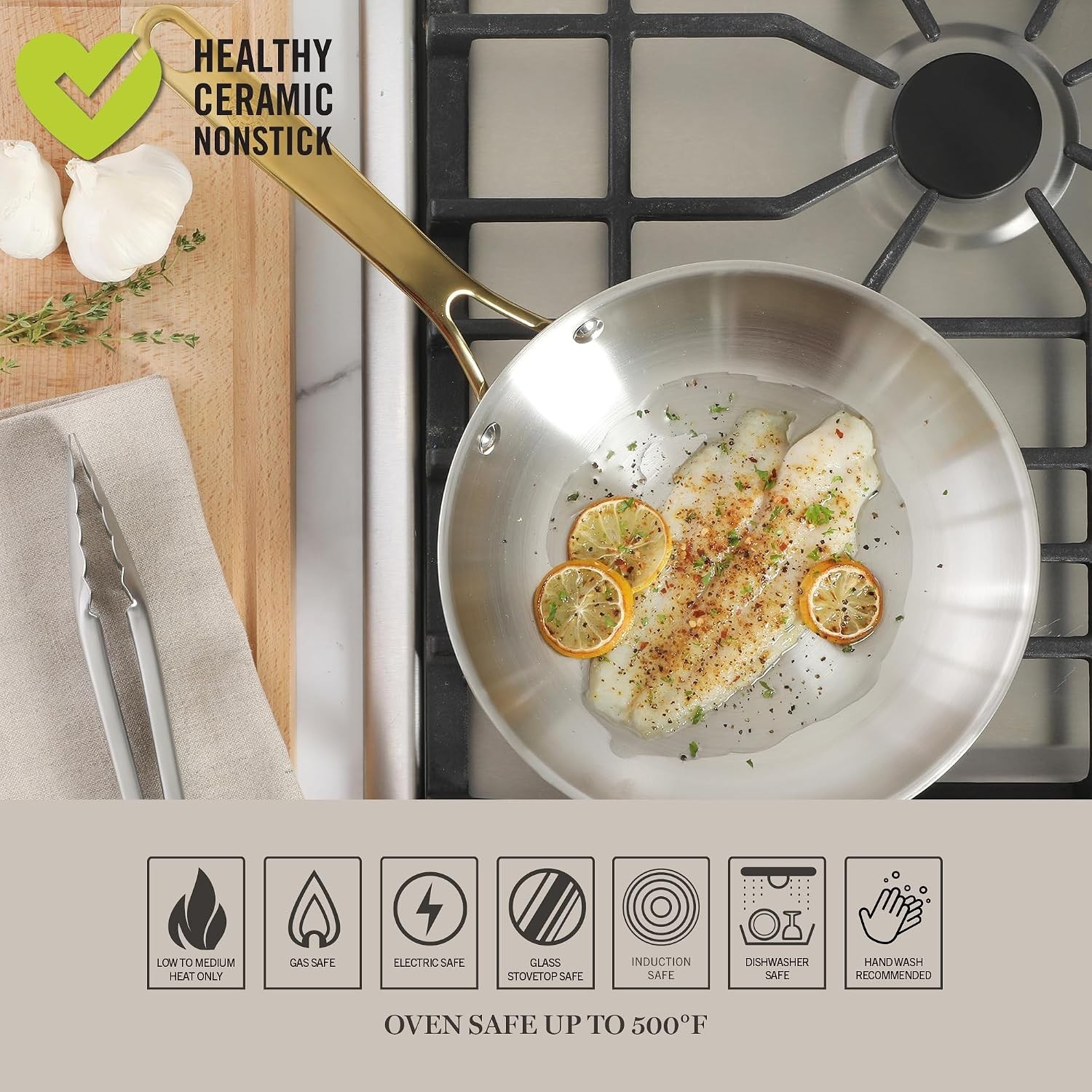 Castelle 9.5-Inch Stainless Steel Frying Pan with Gold-Tone Handle – Tri-Ply …