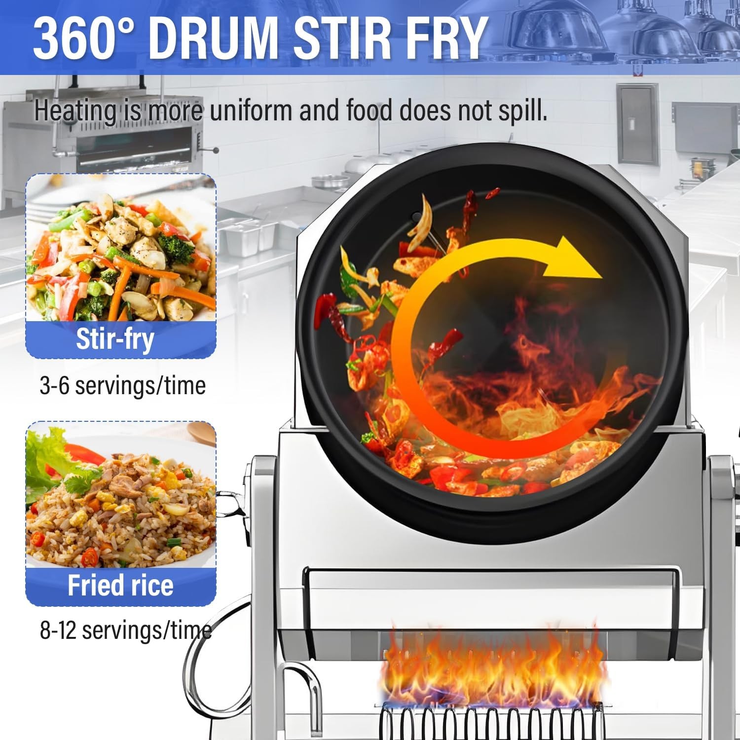 Automatic Commercialdrum Stir Fry Machine Countertop Cooker 110V & Water Spray