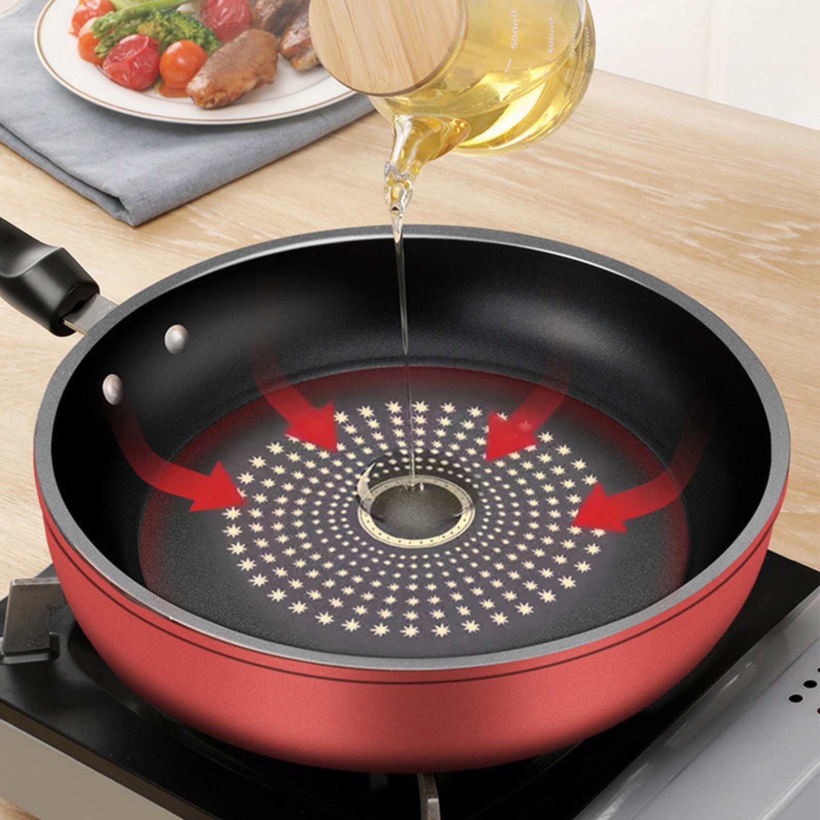 Red Cast Iron Grante Nonstick Frying Pan with Induction Base For Kitchen