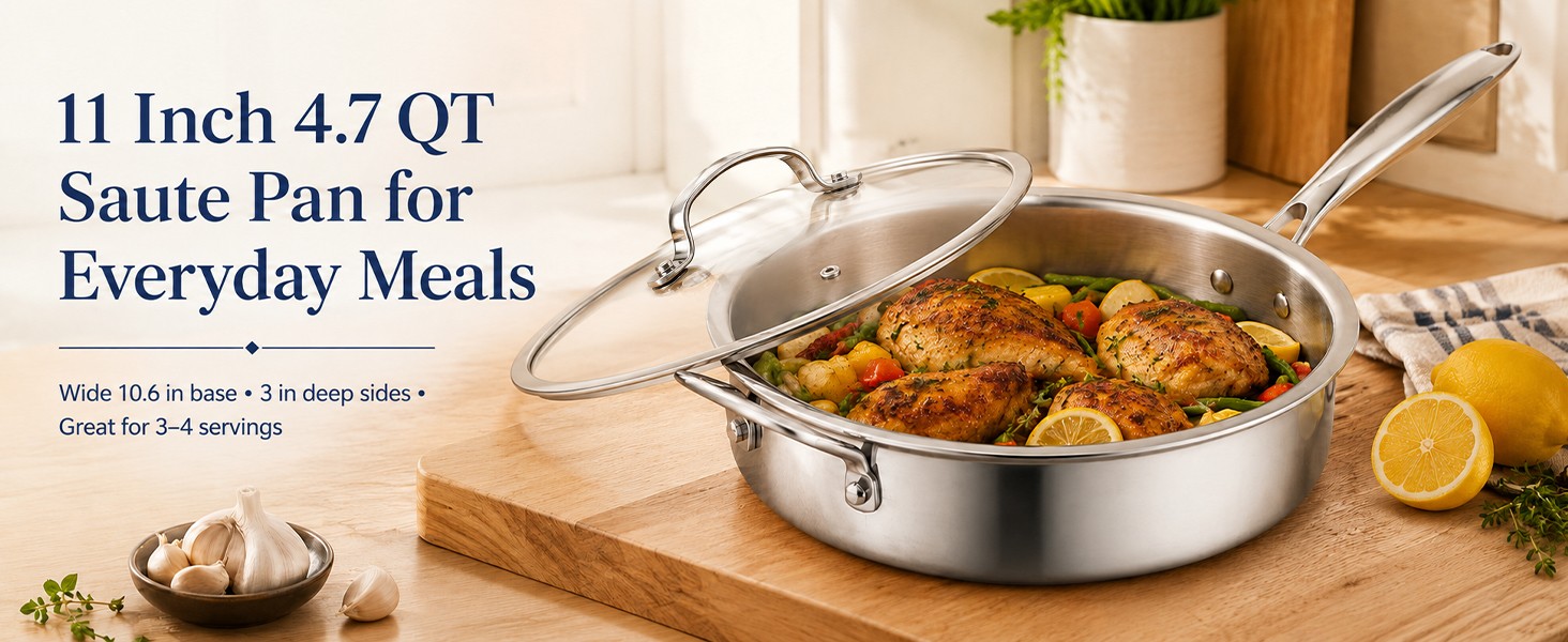 11 Inch Tri-Ply Stainless Steel Saute Pan with Glass Lid, 4.7 QT Deep Skillet