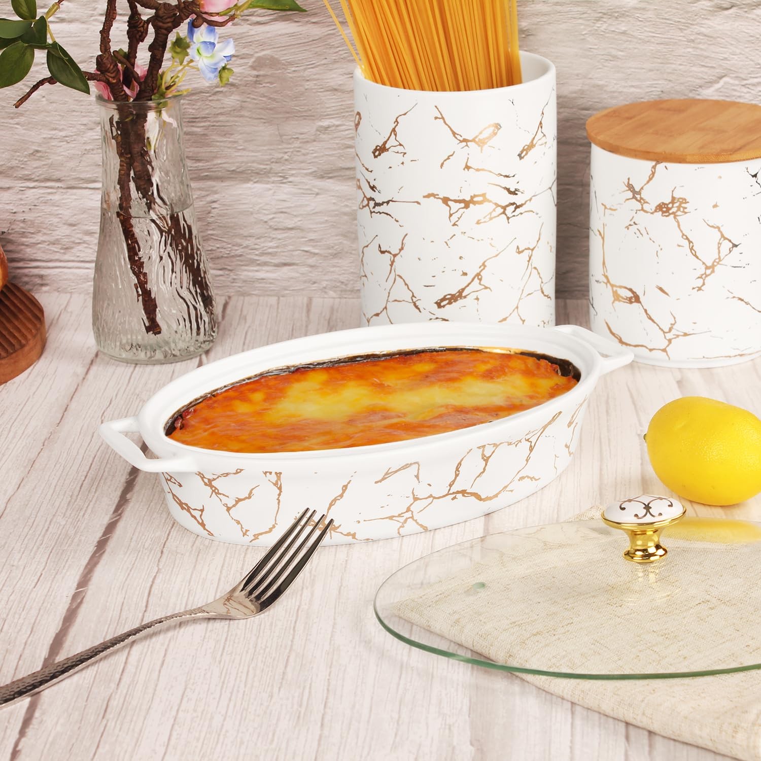 Creativity Home 12″ x 8″ Ceramic Casserole Dish with Glass Cover & Handles 1.7