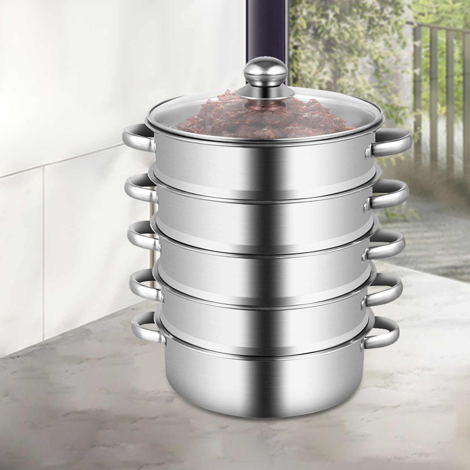 5 Tier Stainless Steel Steamer Cooker Steam Pot Kitchen Food Cooking + Glass lid
