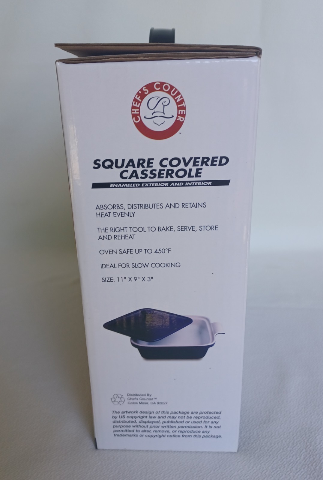 Chef’s Counter Square Covered Casserole 1.5 Qt Blue Enameled Exterior 11″x9″x3″