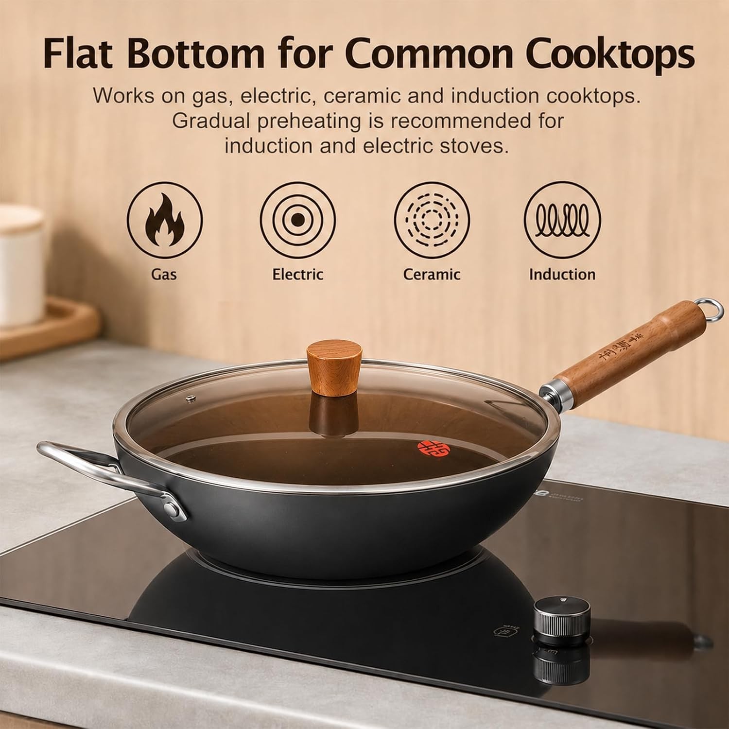 Carbon Steel Wok with Lid, 12.6 Inch Flat Bottom Wok Pan, Uncoated Stir Fry Pan