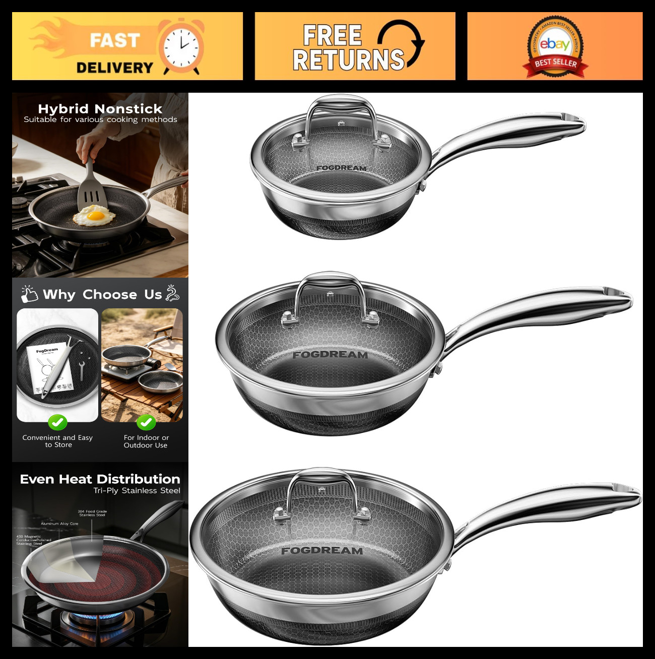 Stainless Steel Frying Pan Set 8, 10, 12 Inch with Lid – Nonstick Skillet for In