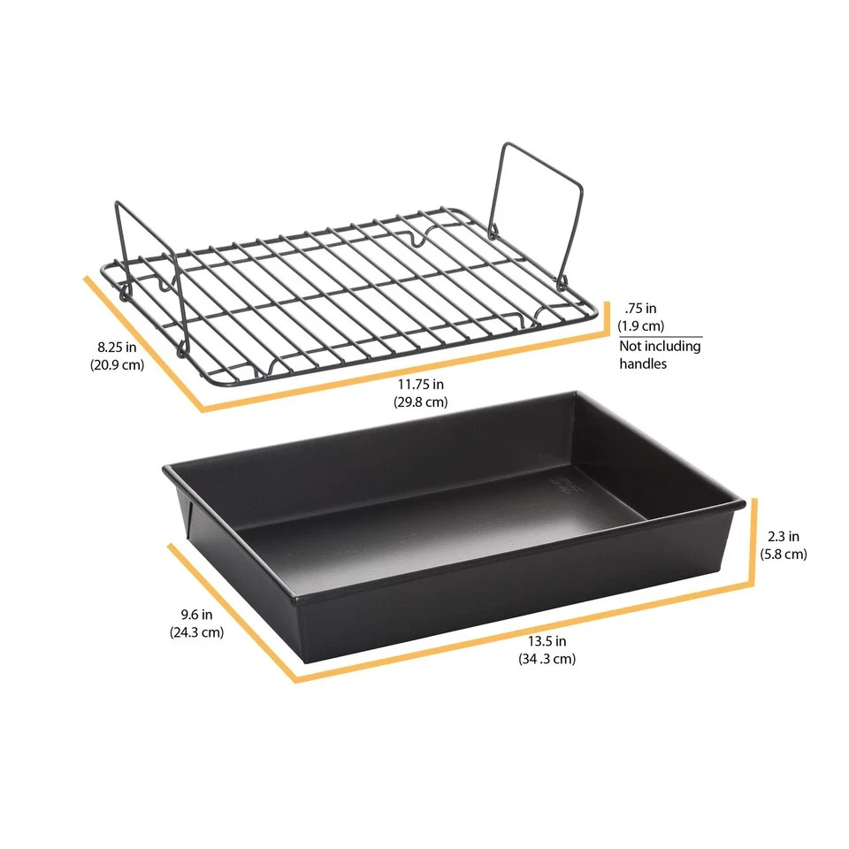 13×9 inch Professional Roast Pan with Non-Stick Rack Grey Carbon Steel