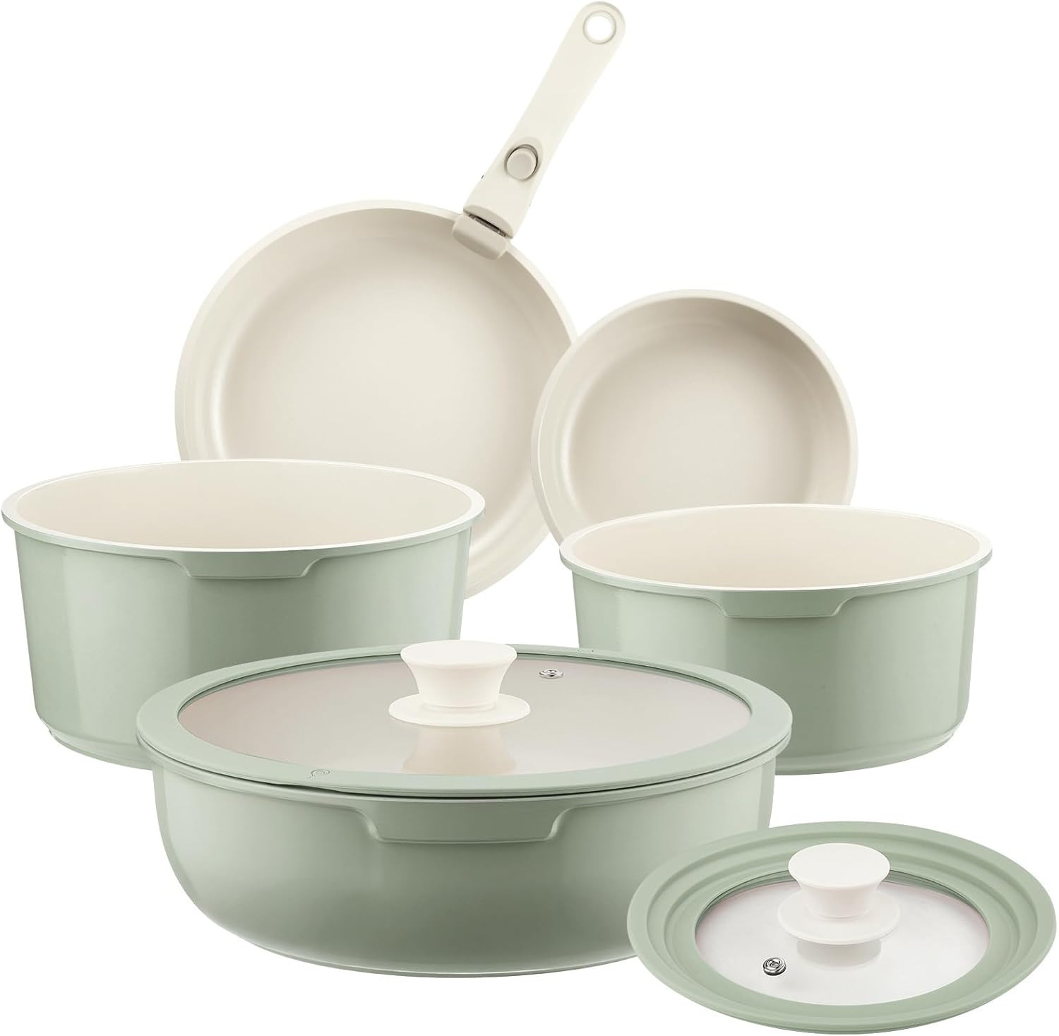 Ceramic Pots and Pans Set Non Stick Green, 8 Pcs Nonstick Cookware Set with Deta