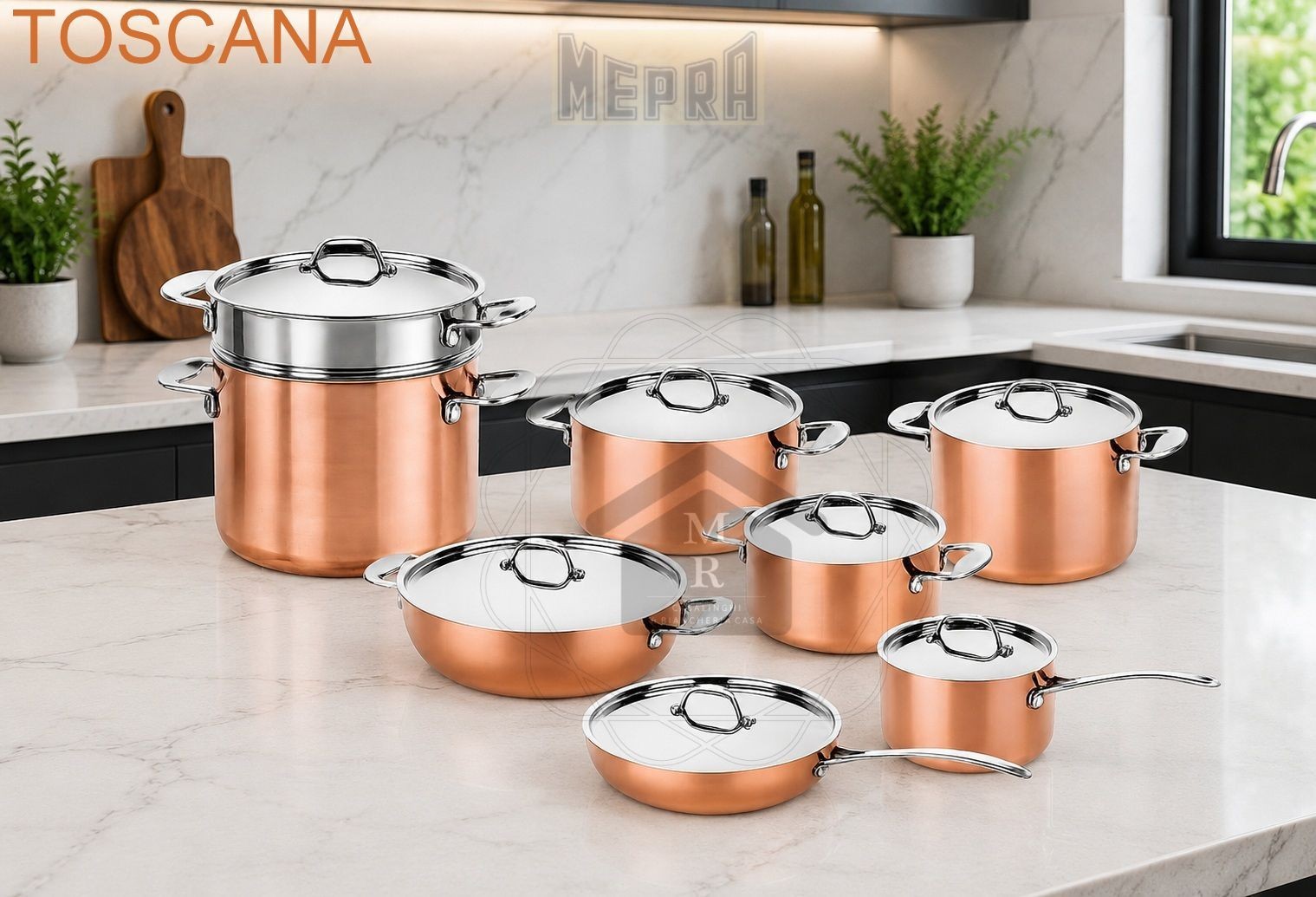 15 Piece Trimetal Tuscany Copper and Stainless Steel 18/10 Induction Cookware Set