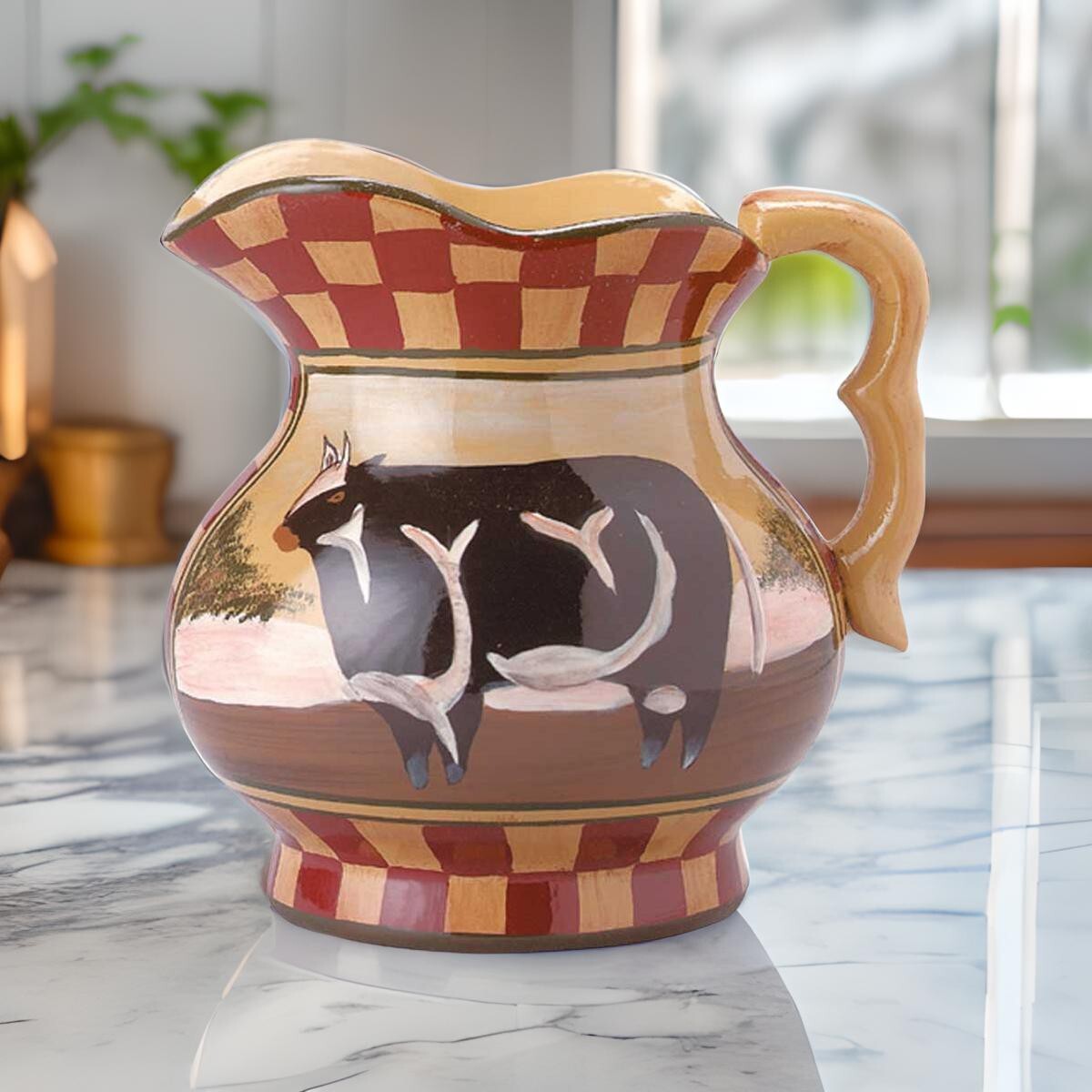 Hand Painted Display Pitcher Stoneware Cow Tan Brick | Renovator’s Supply