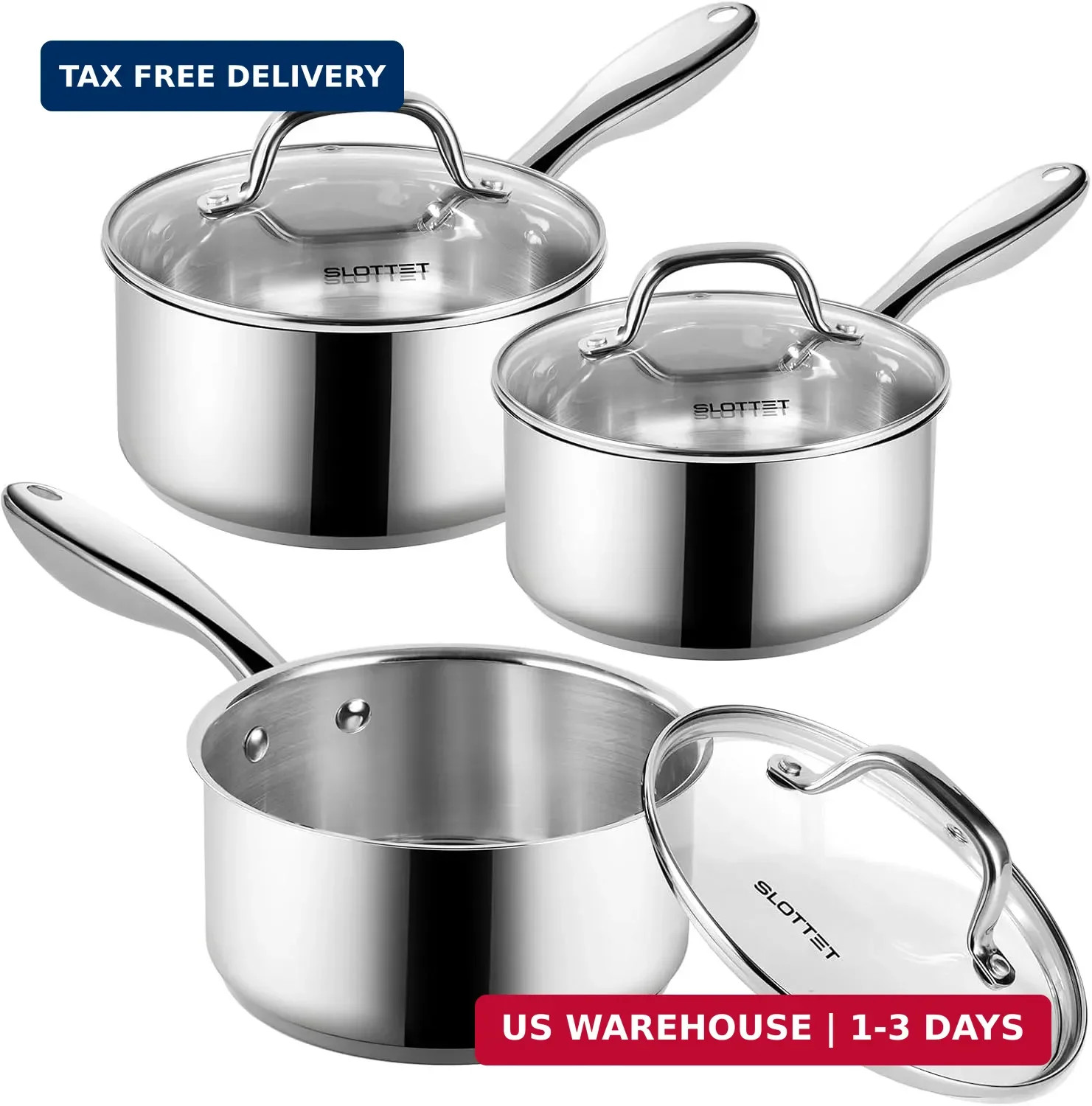 SLOTTET 1Qt & 2Qt & 3QT Stainless Steel Sauce Pan Set with Lid,6 Pcs Non Stick S