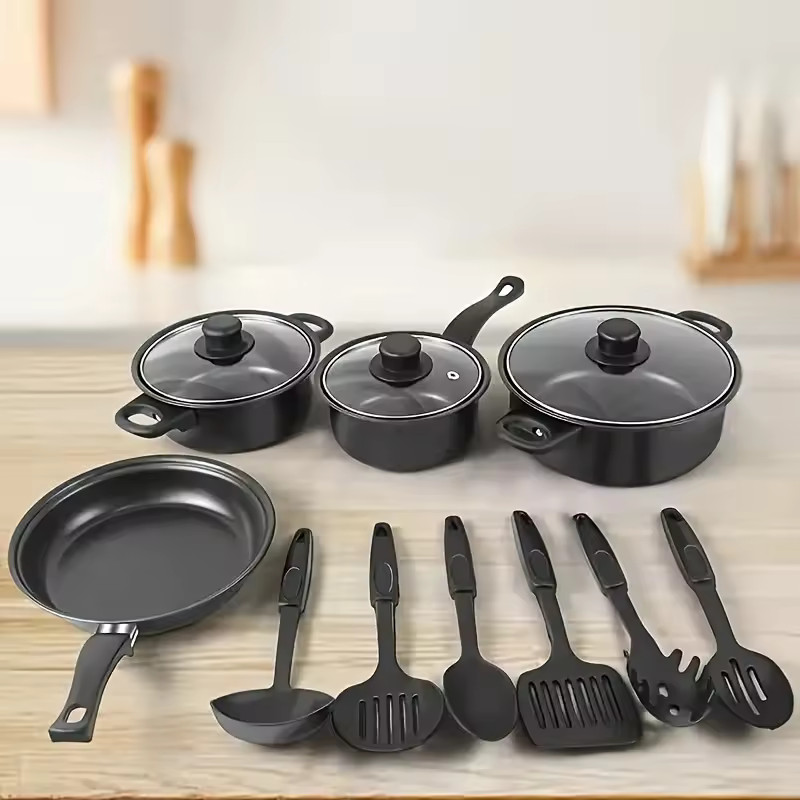 13 Piece Pot Pan Cookware Set with Frying Pan and Utensils Black