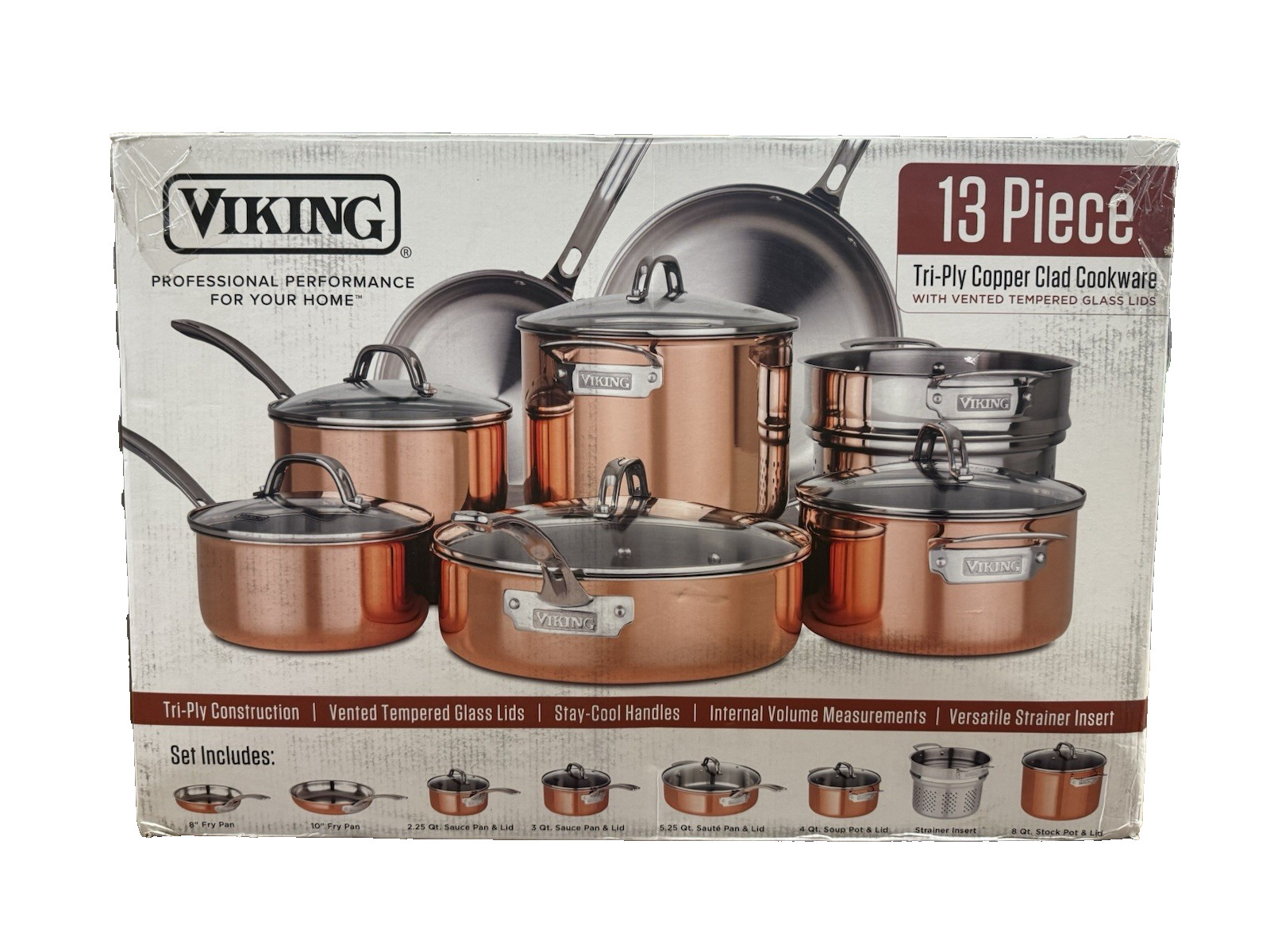 Viking 13-Piece Professional Tri-Ply Copper Cookware Set with Vented Glass Lids