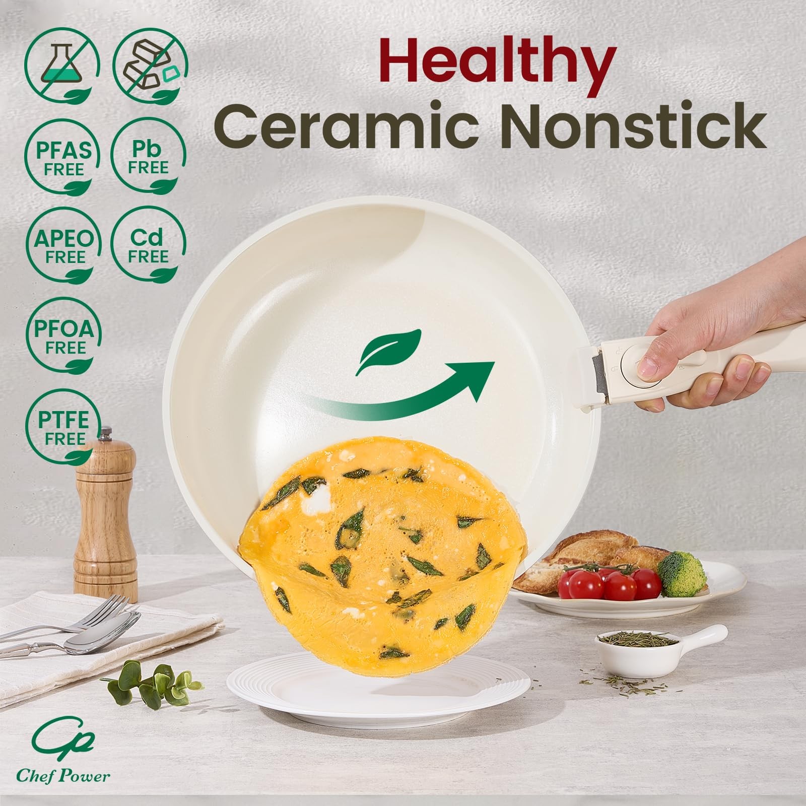 Chef Power Ceramic Nonstick Pots and Pans Set 19 Piece with Detachable Handle, I